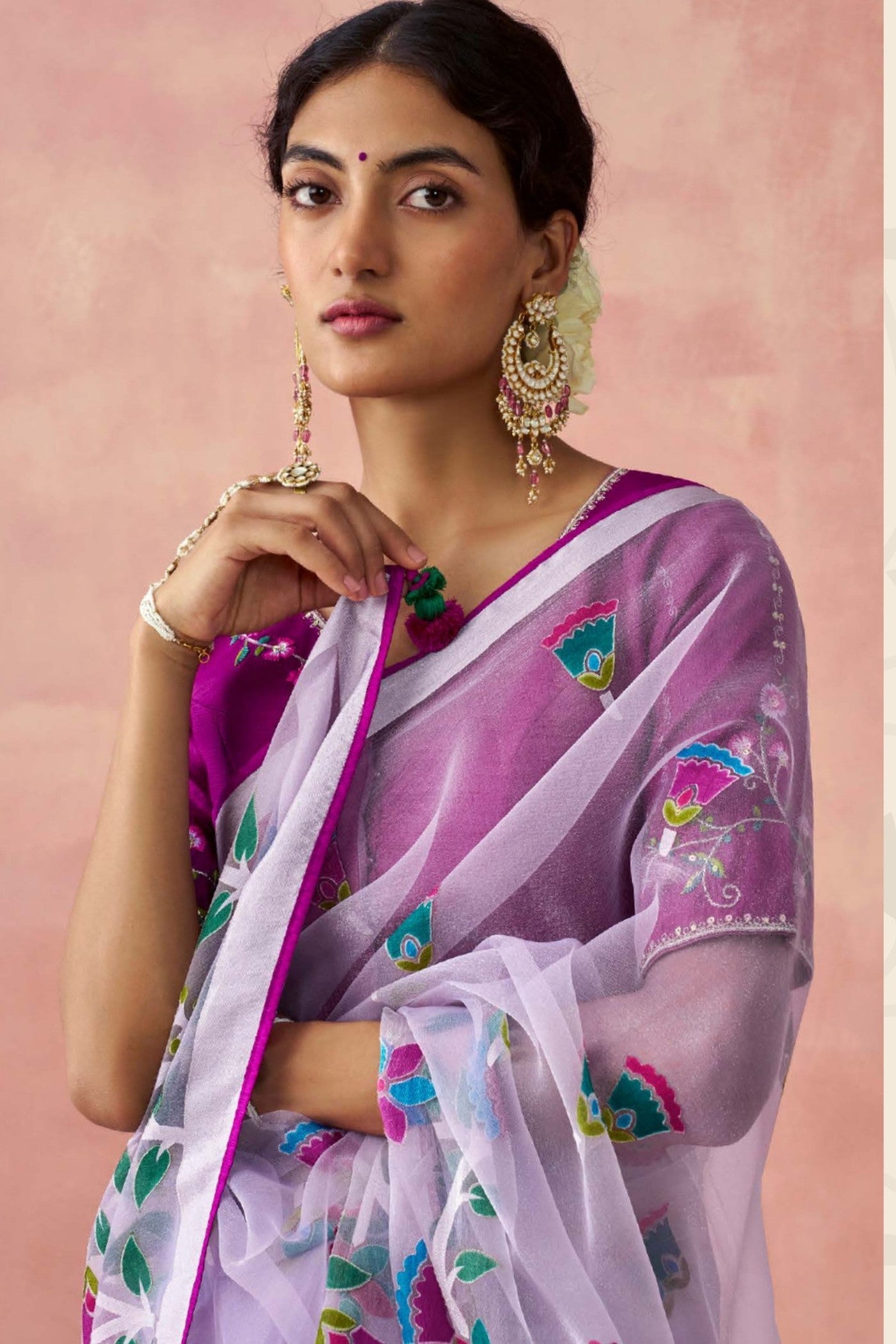 Mulled Wine Purple Brasso Organza Printed Saree