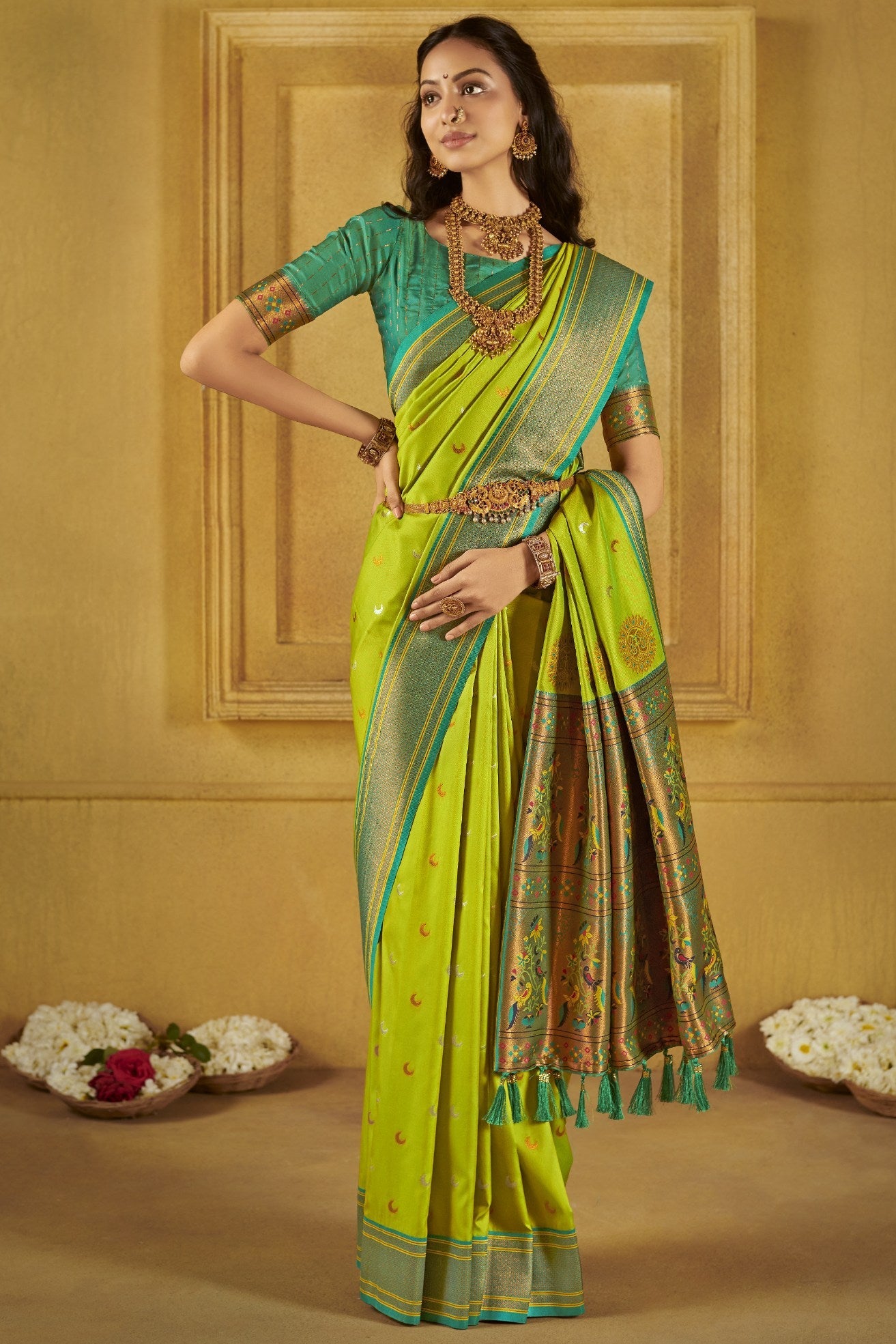 Parrot Green Woven Paithani Saree