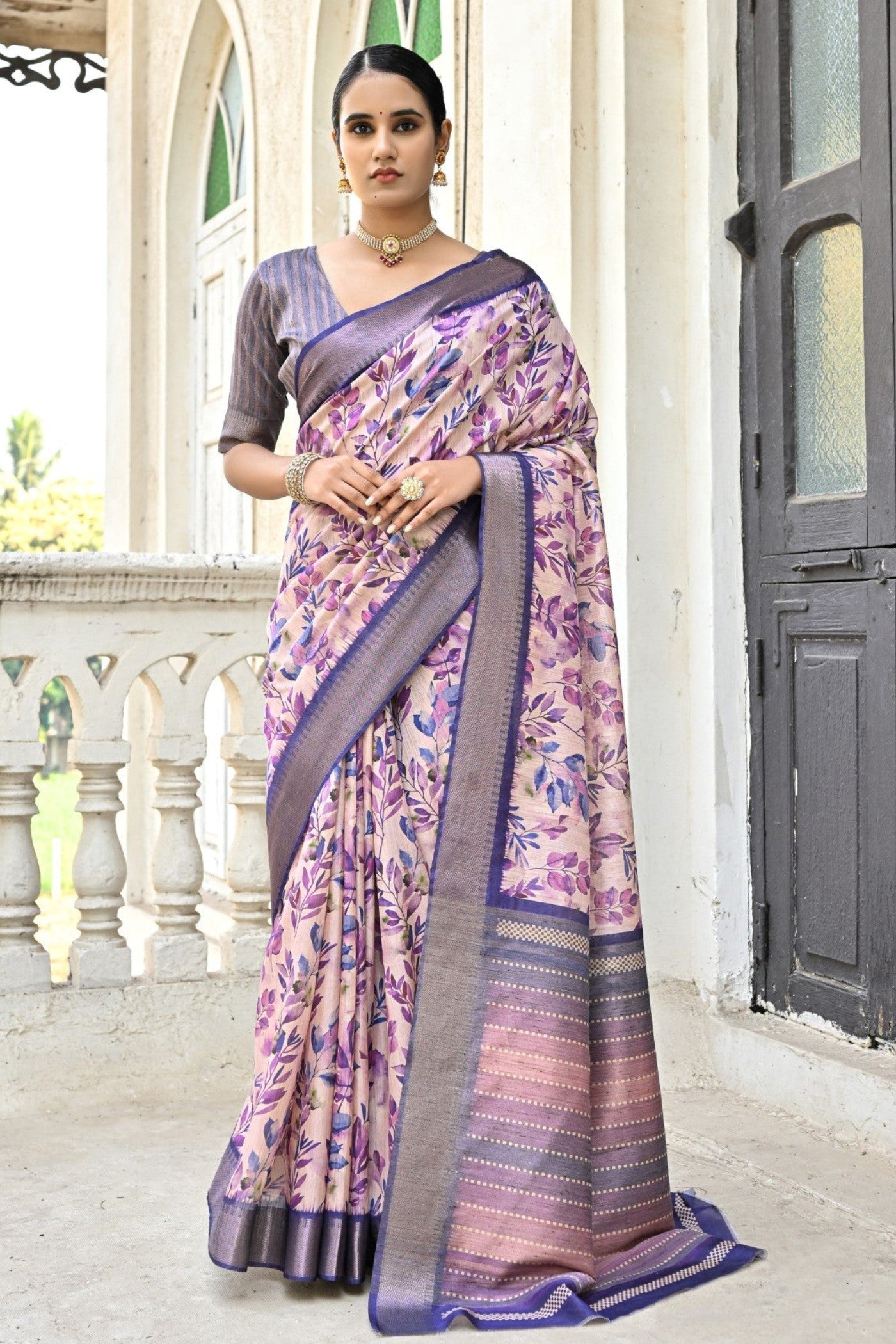 Lilac Luster Purple Tussar Printed Silk Saree