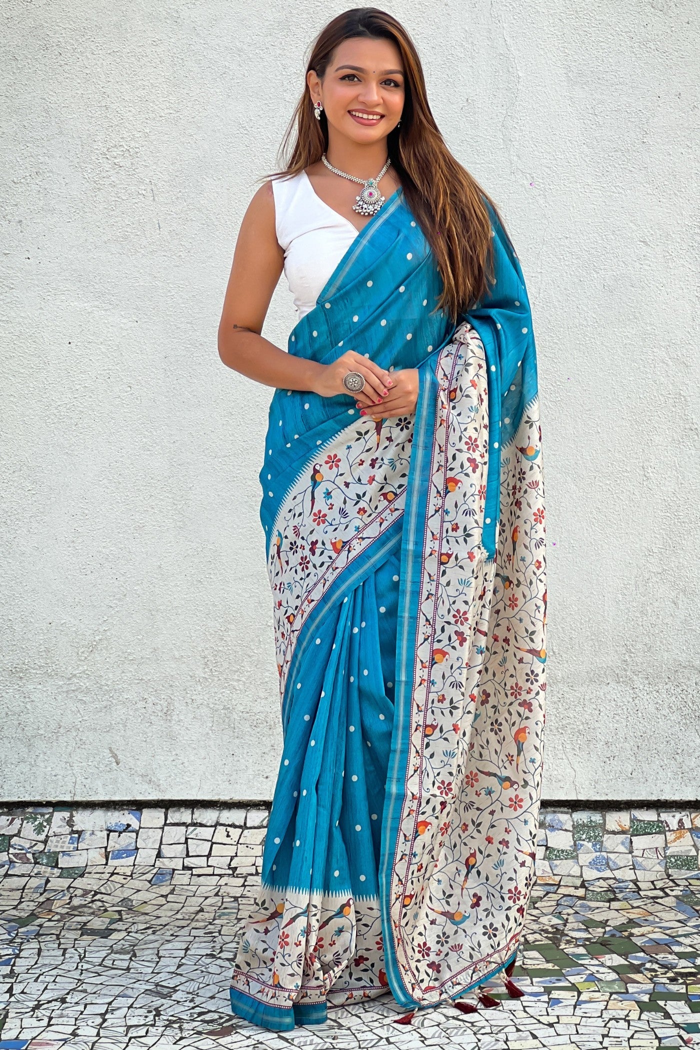 Turquoise Blue Floral Printed Kalamkari Saree