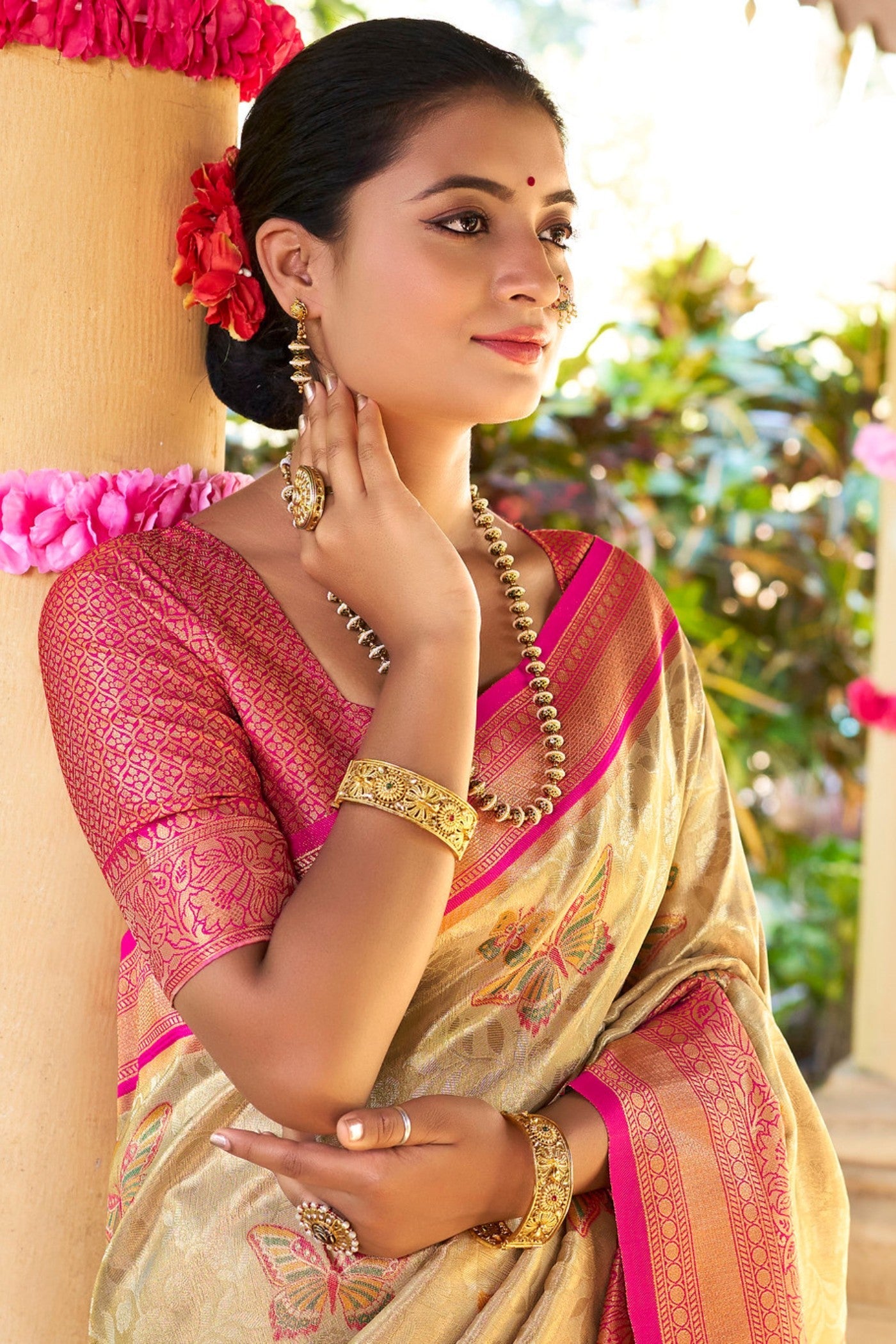 Maize Cream and Pink Woven Kanjivaram Saree