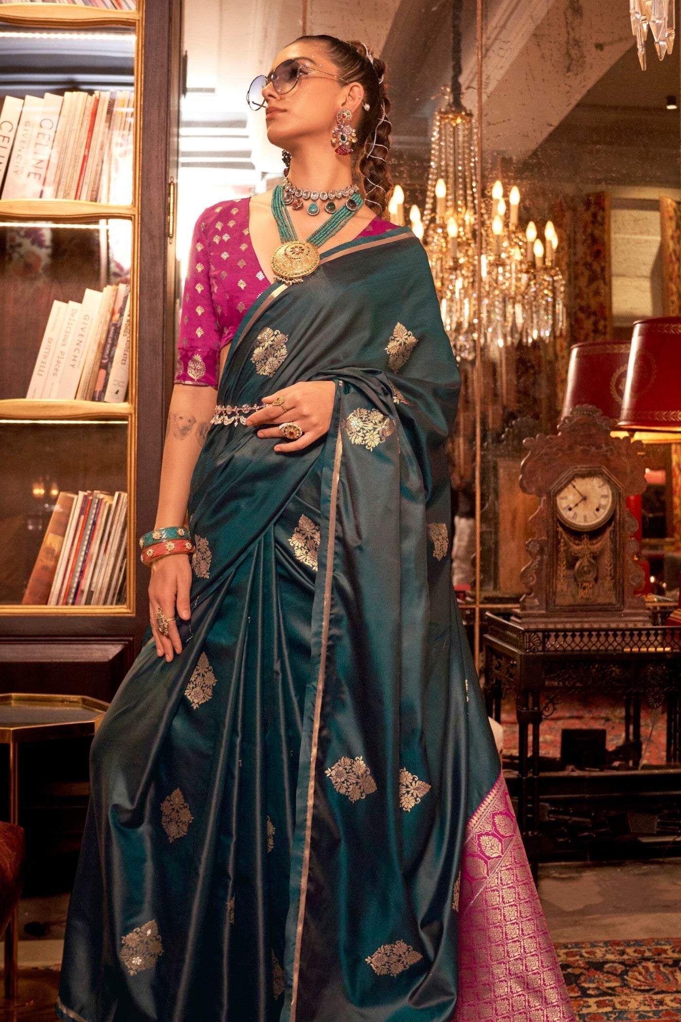 Bunker Green Banarasi Satin Saree