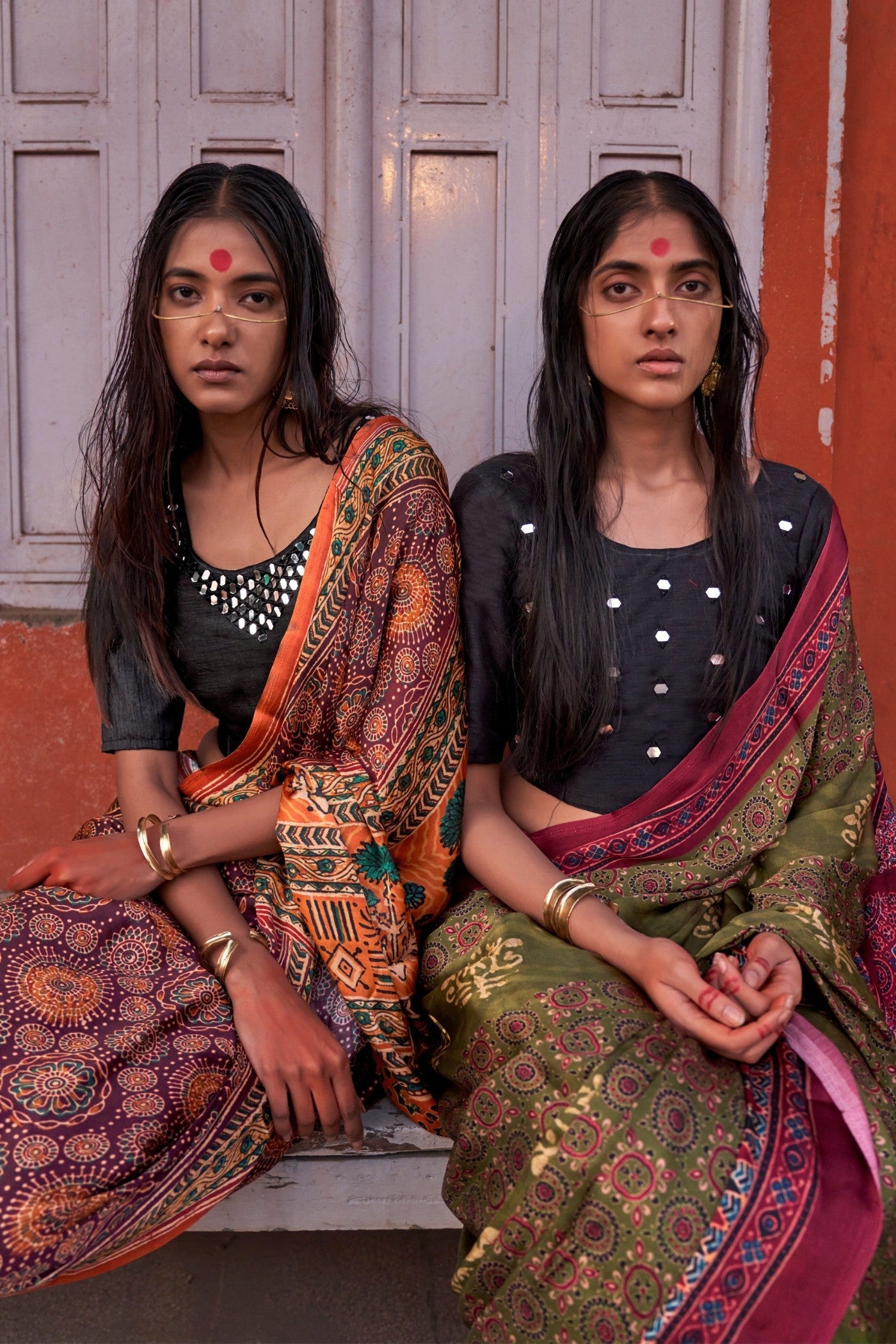 Plum Peach and Black Ajrakh Handprinted Satin Saree