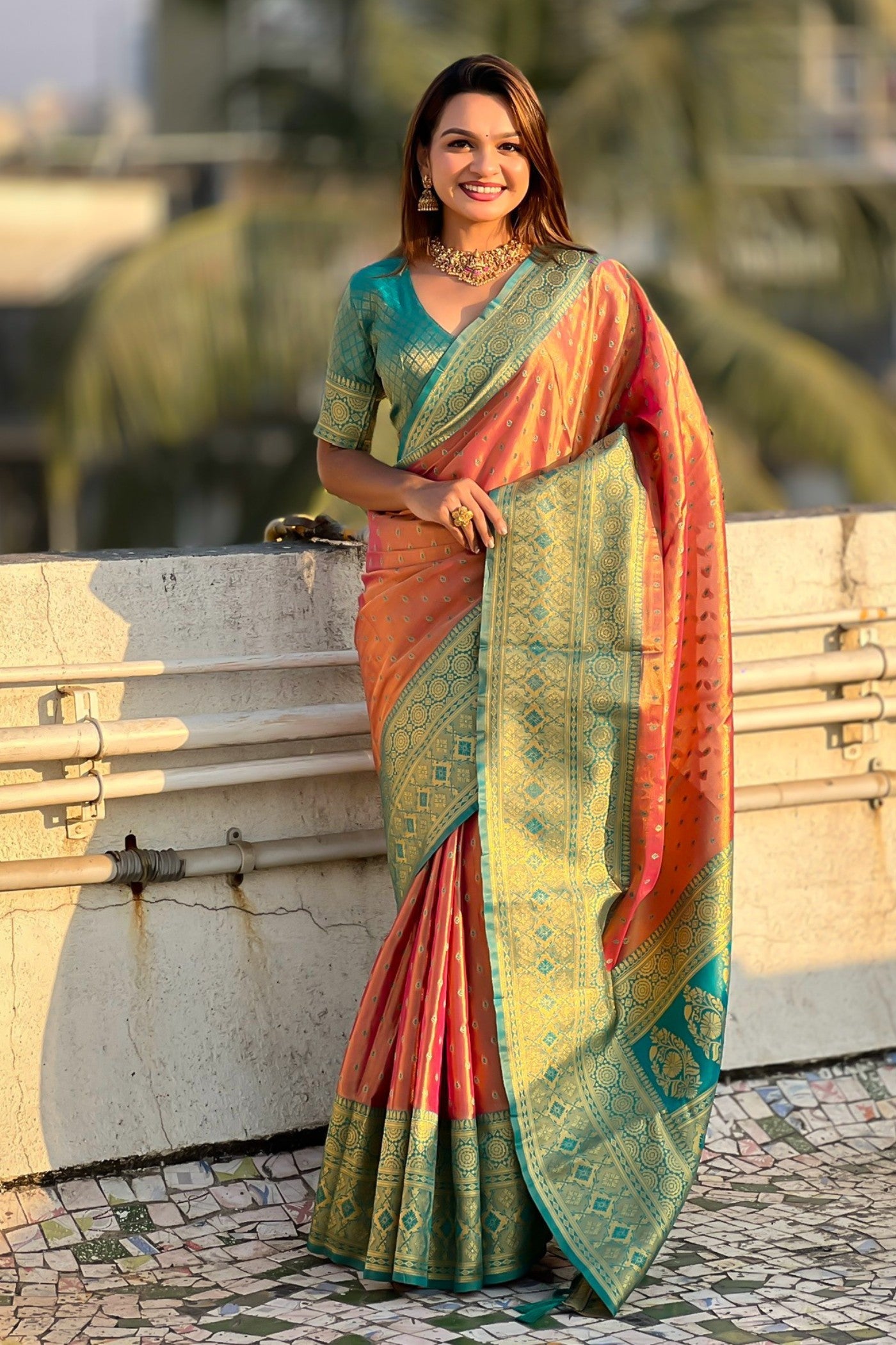 Tuscany Peach Woven Banarasi Saree