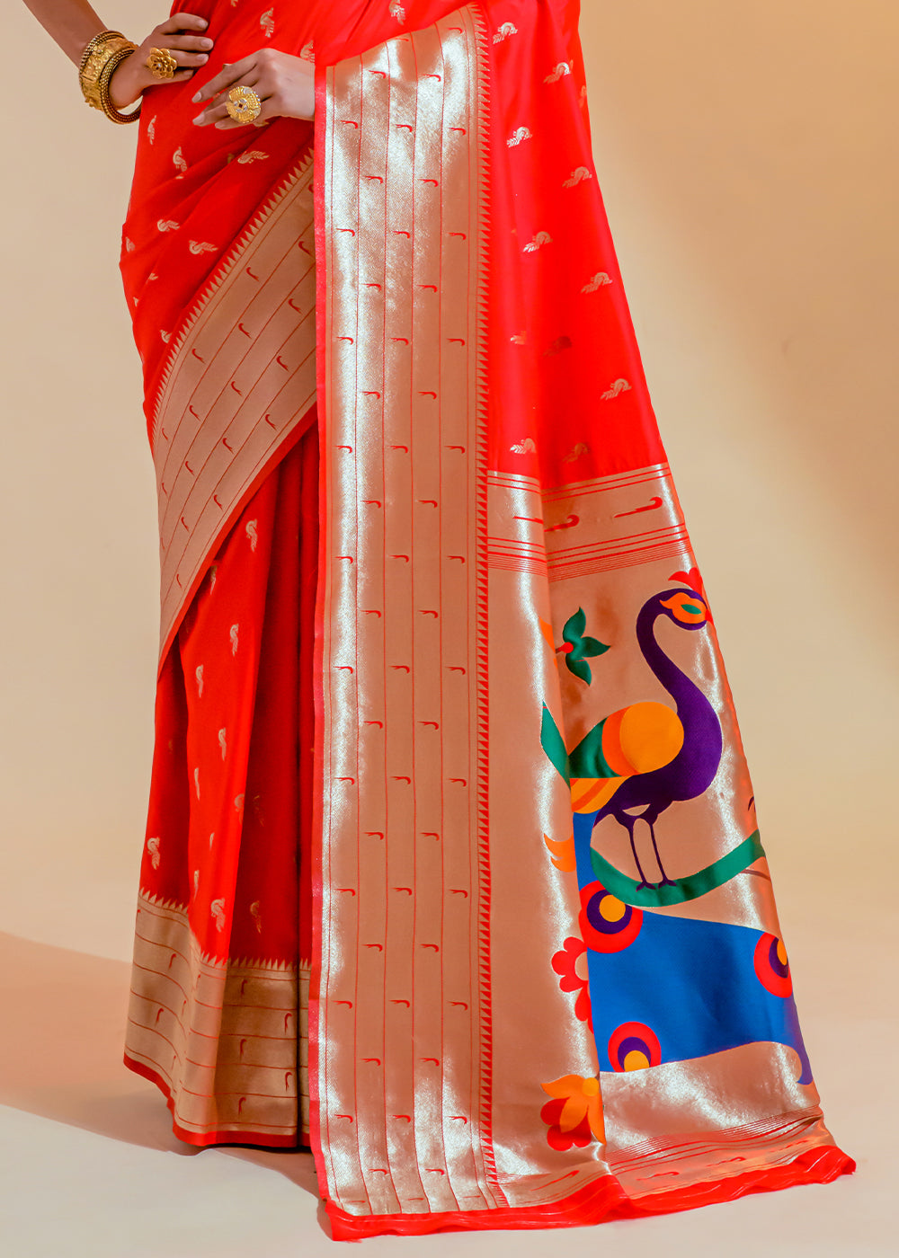 Orange Red Woven Paithani Silk Saree