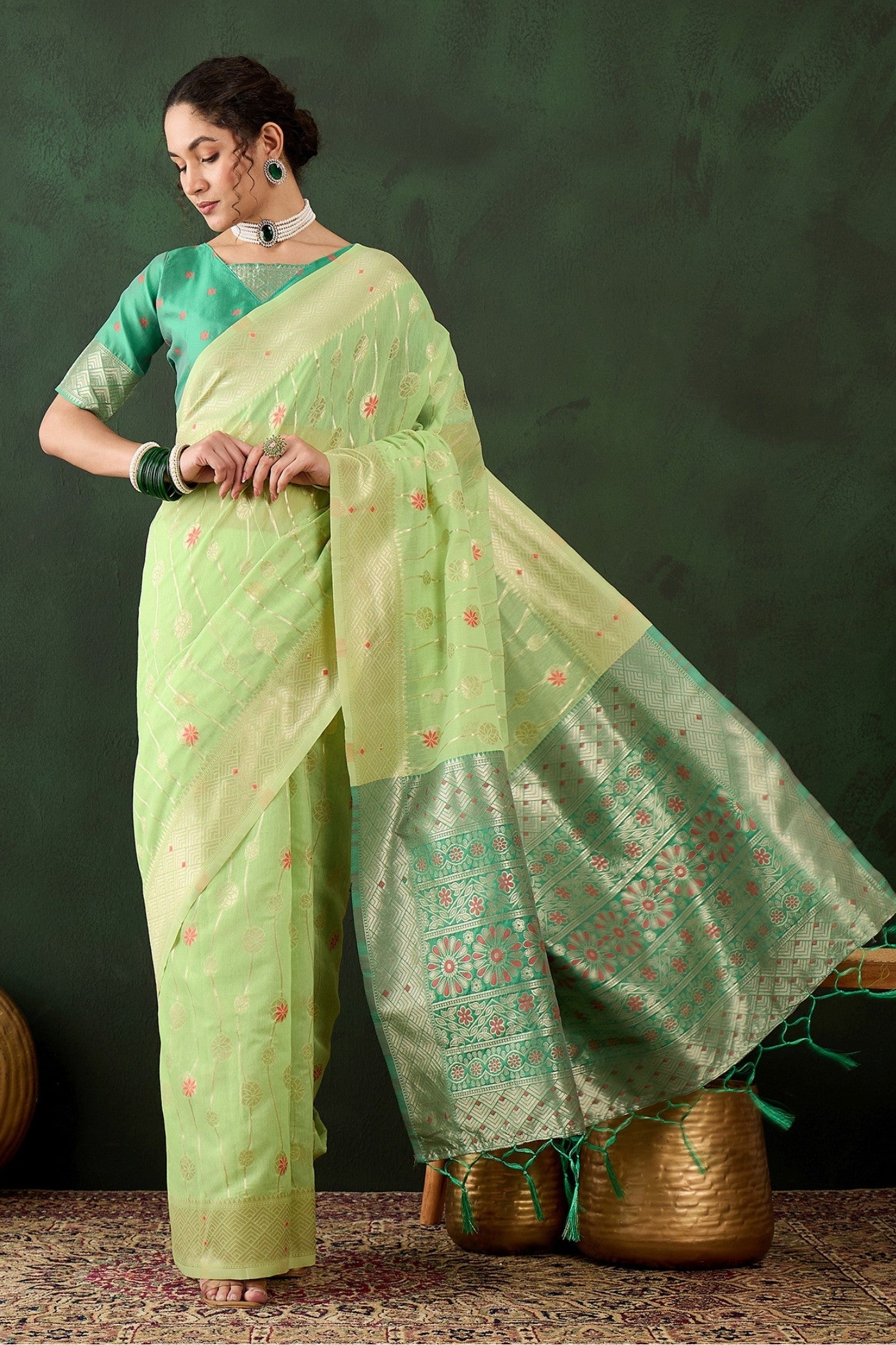 Pistachio Green Woven Cotton Saree