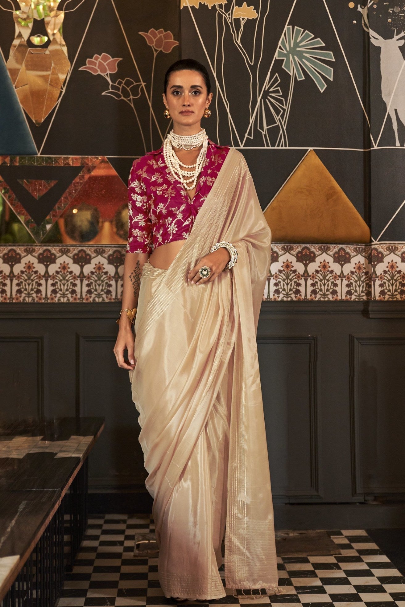 Brandy Cream Viscose Satin Handloom Saree