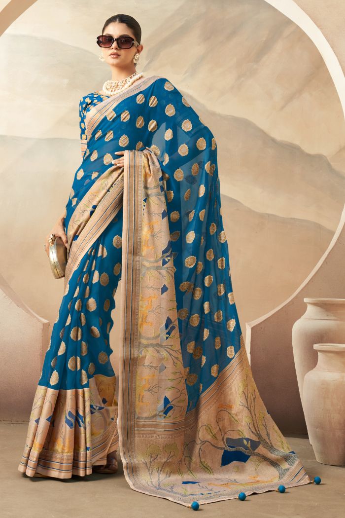 Winston Blue Woven Georgette saree