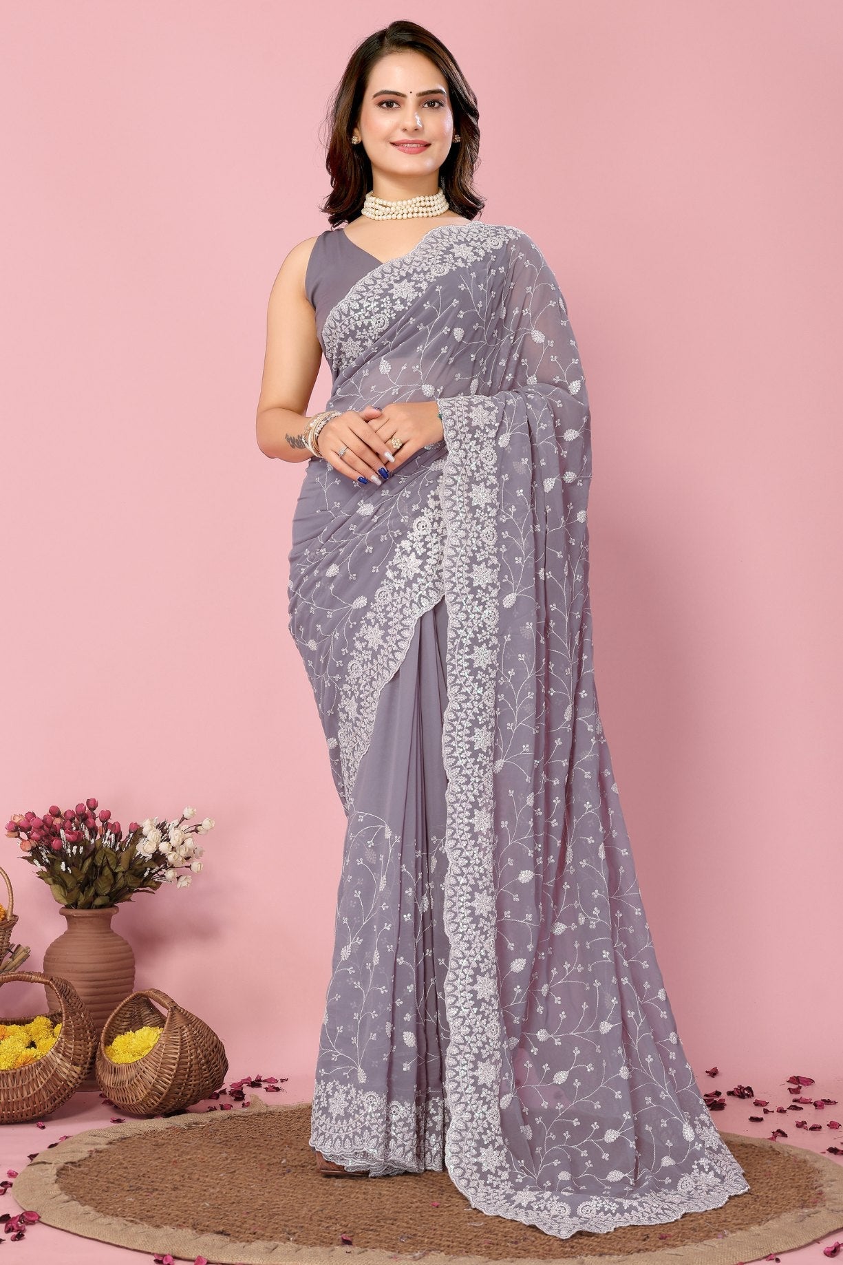 Mountain Mist Grey Georgette Embroidered Silk Saree