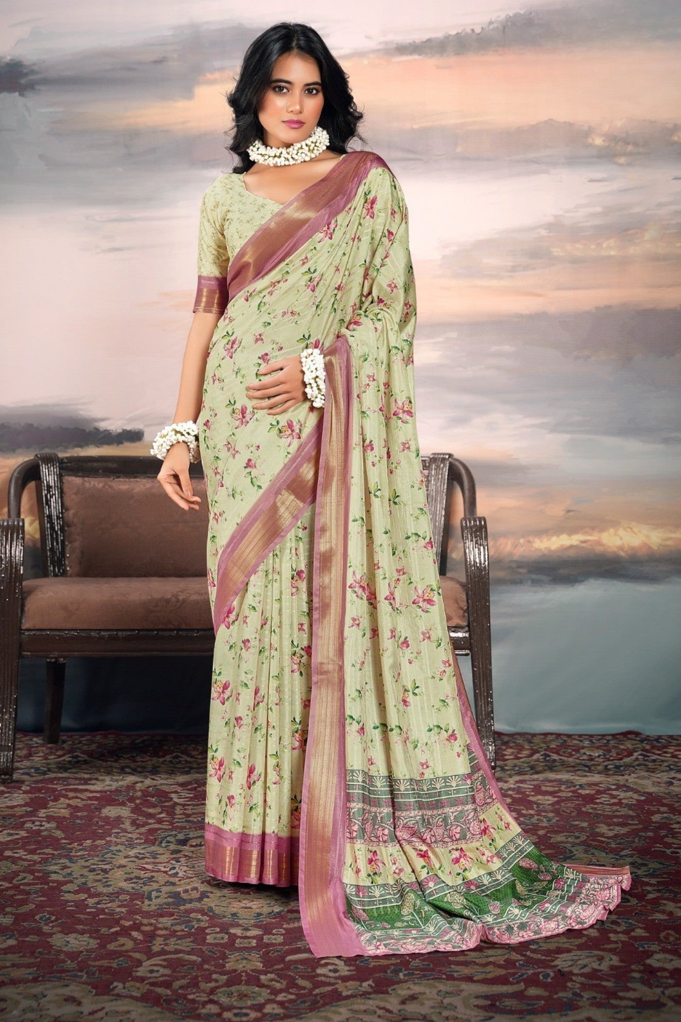 Thistle Green Digital Printed Cotton Saree