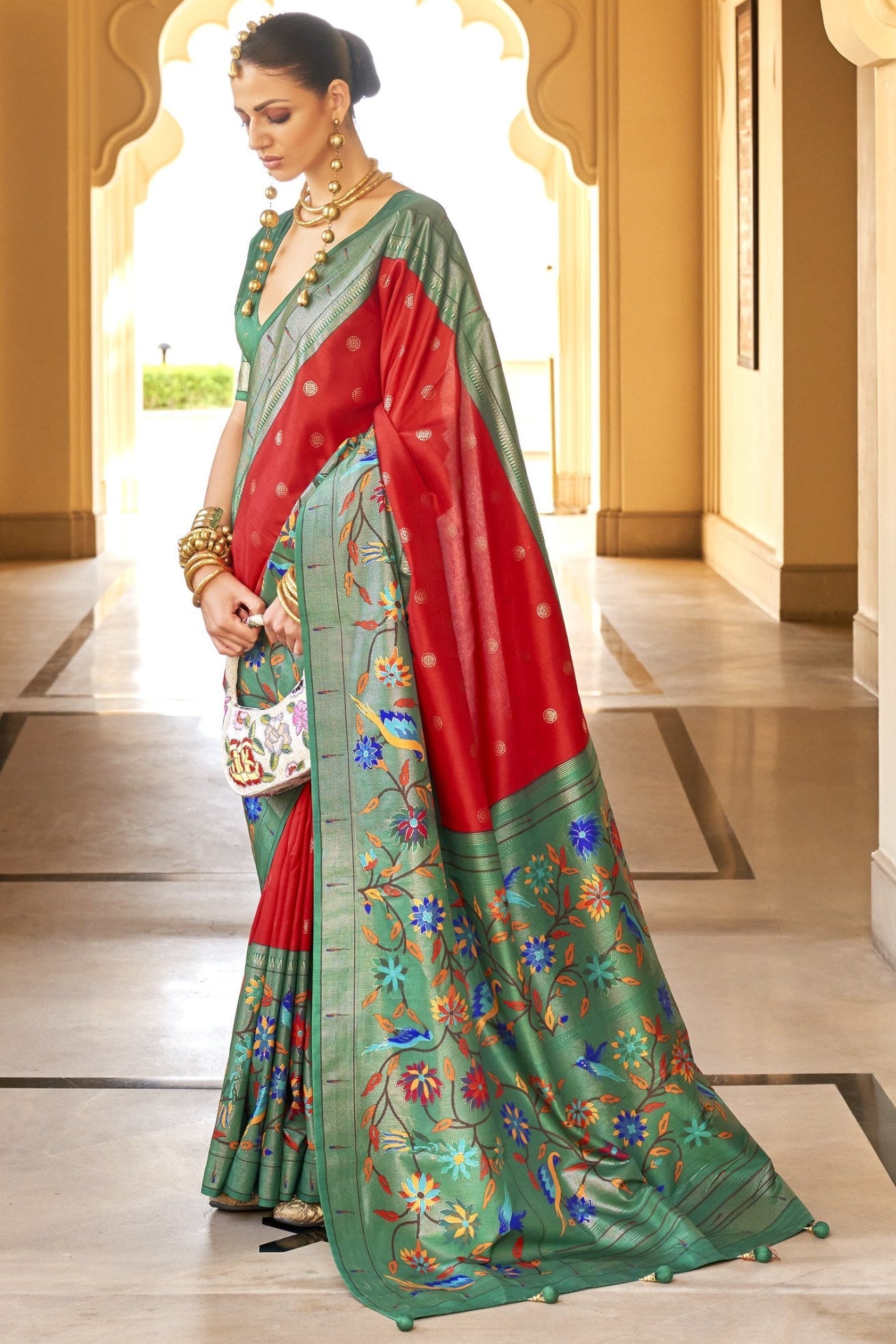 Red Chilli and Green Woven Paithani Designer Saree