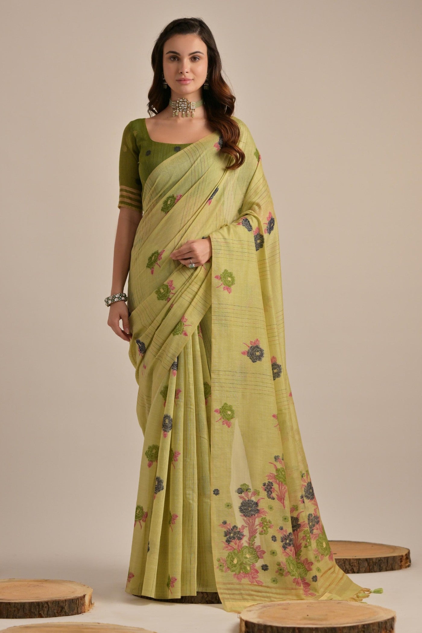 Pea Green Floral Woven Muga Cotton Saree