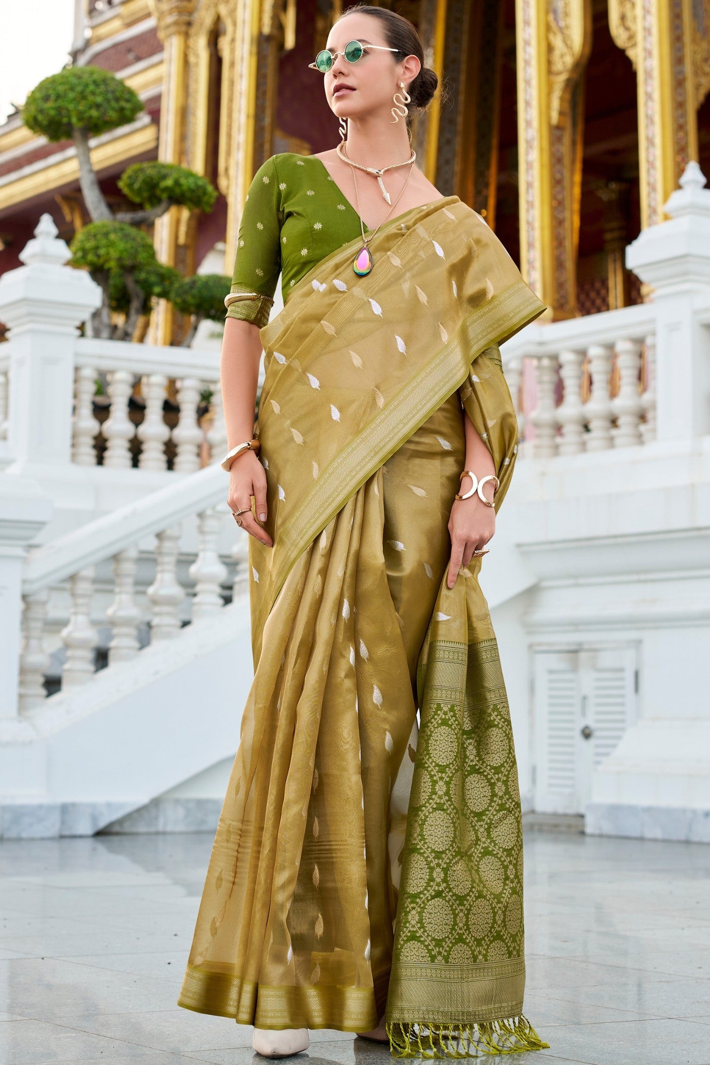 Husk Green Tissue Silk Saree