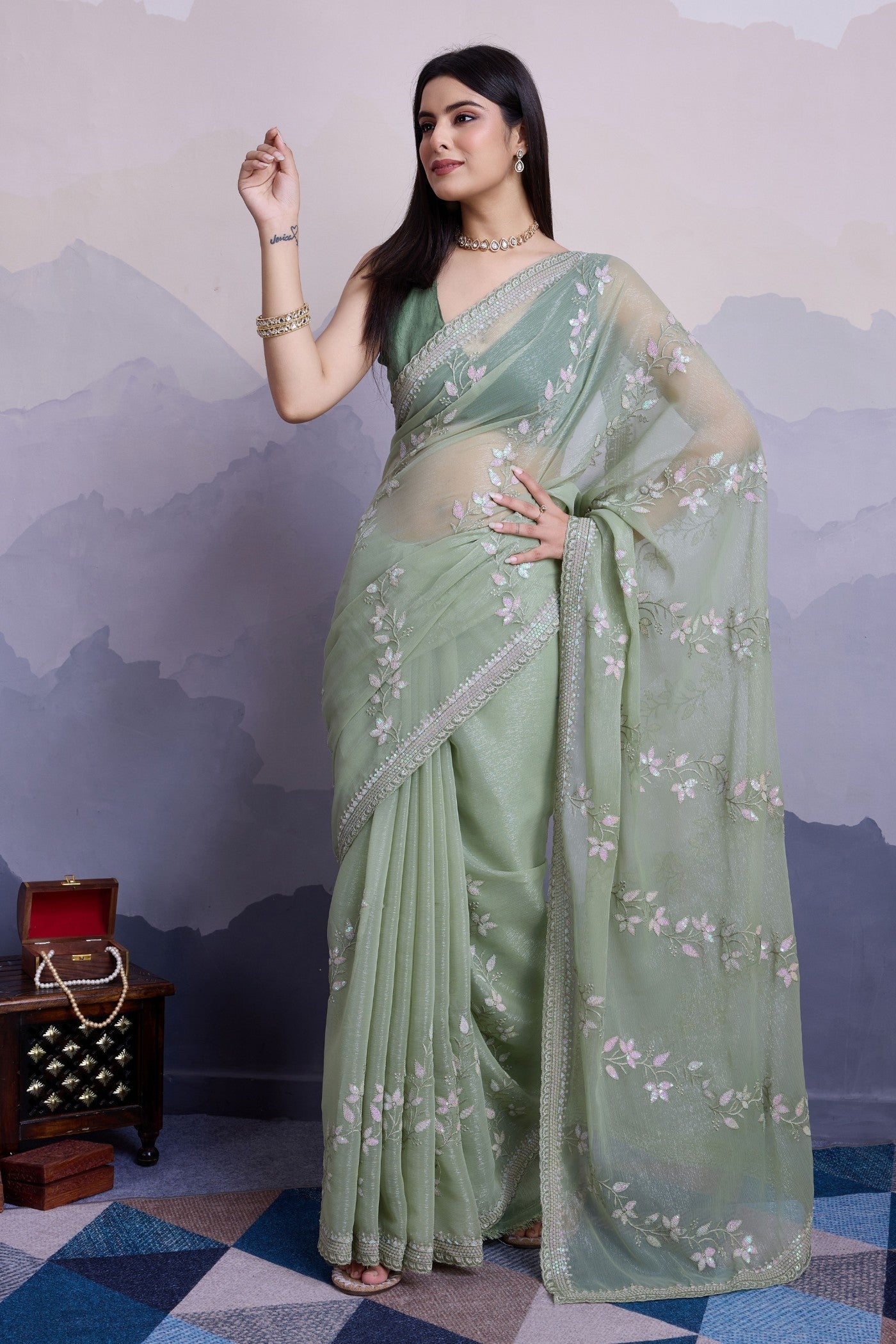 Pastel Green Embroidered Designer Chiffon Saree