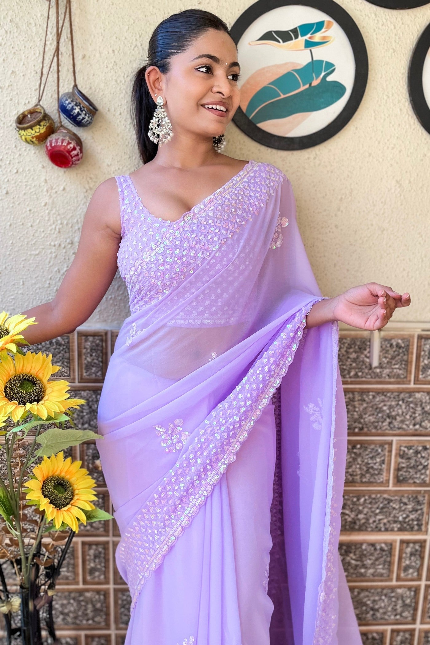 Crocus Lavender Embroidery Georgette saree