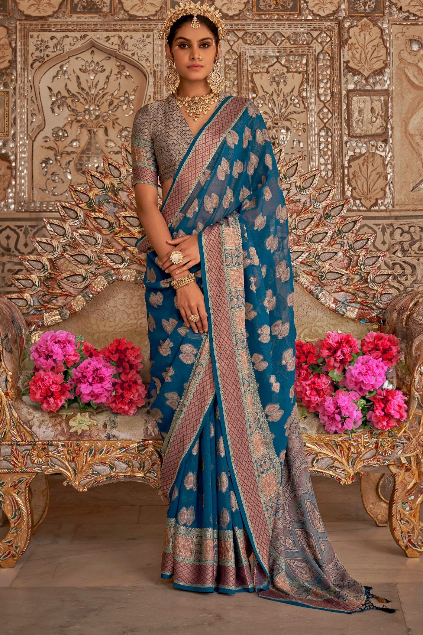 Cobalt Blue Zari Woven Georgette Saree