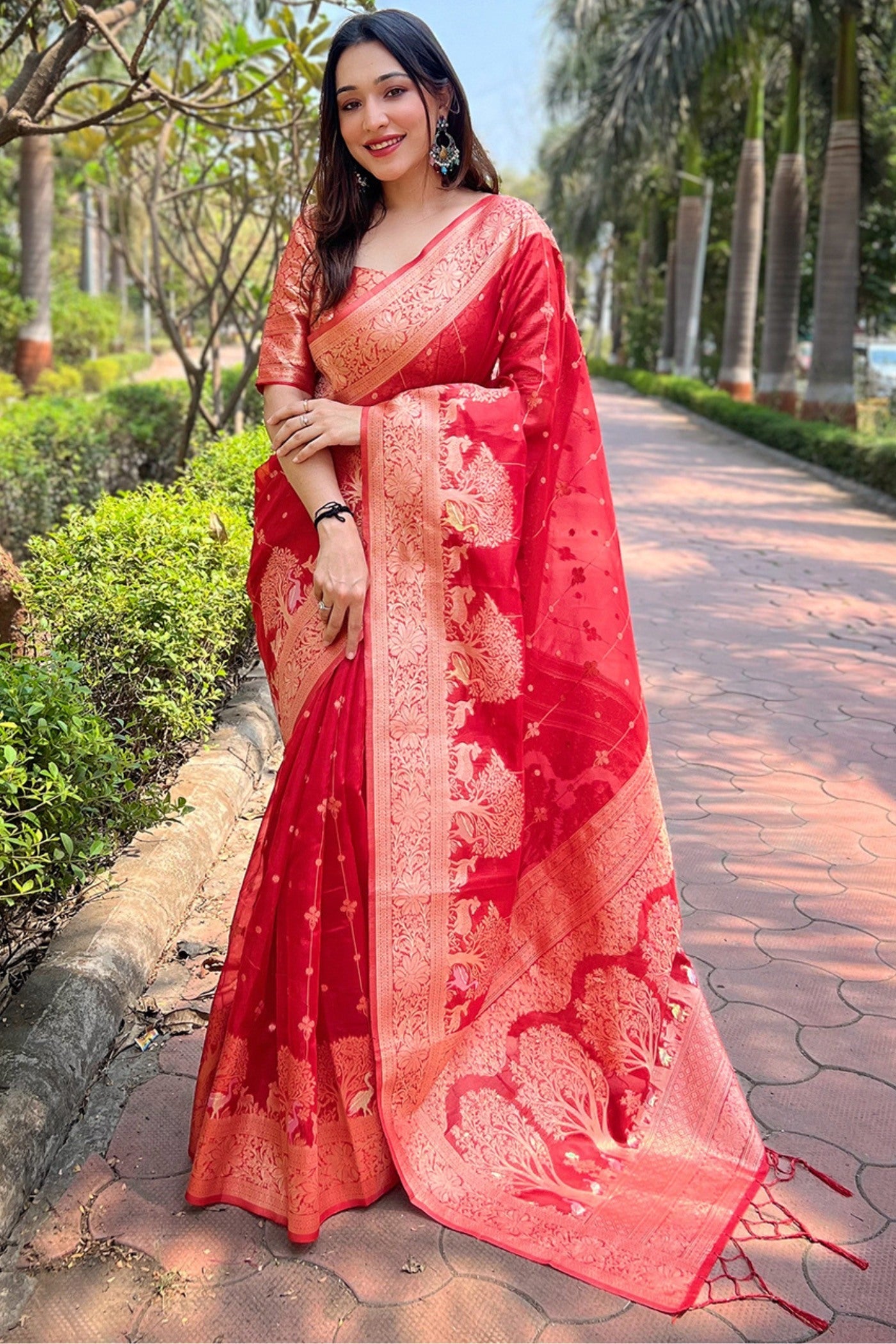 Rose Red Zari Woven Organza Saree