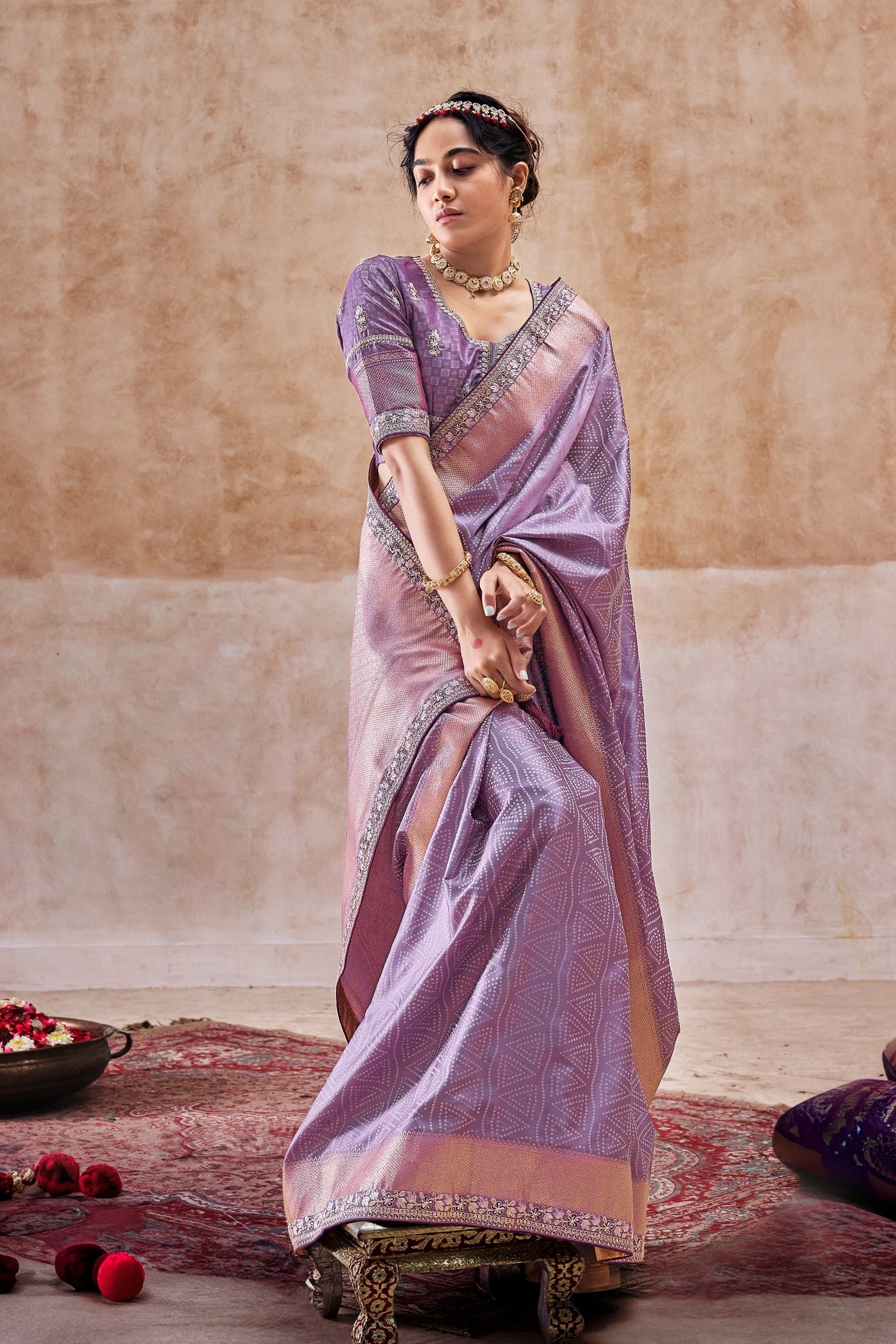 Bush Purple Embroidered Satin Silk Saree