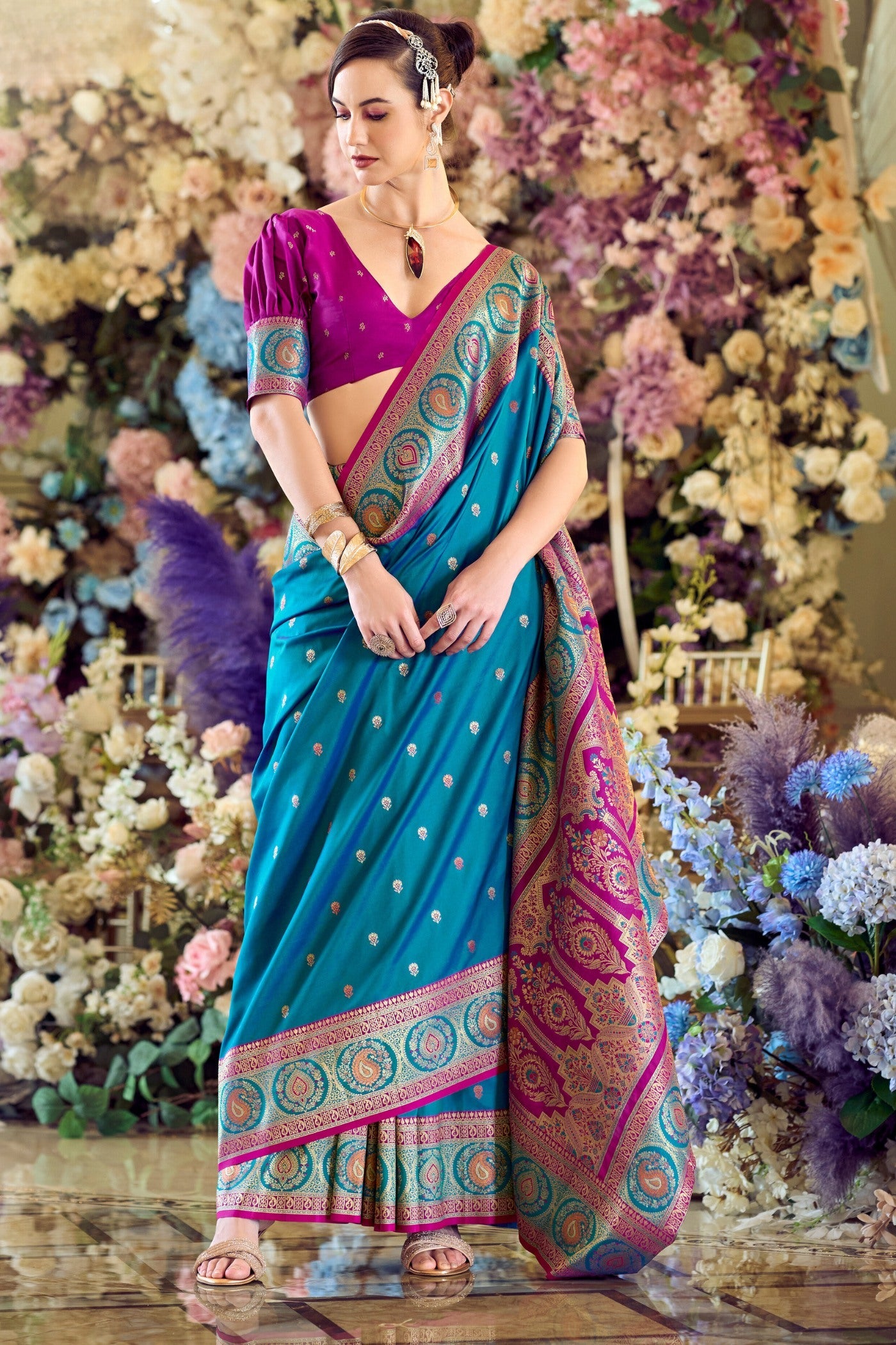 Surfie Blue Woven Banarasi Soft Silk Saree