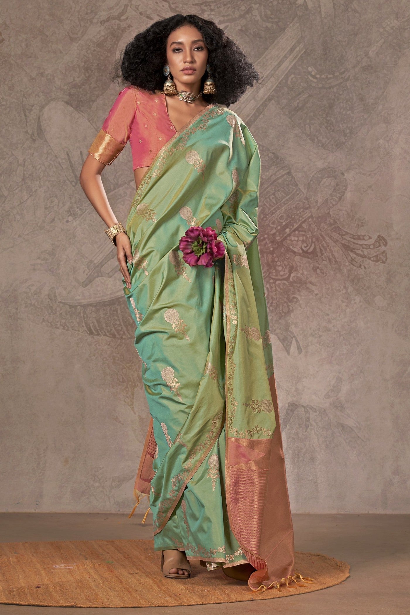 Pickle Green Two Tone Banarasi Handloom Saree