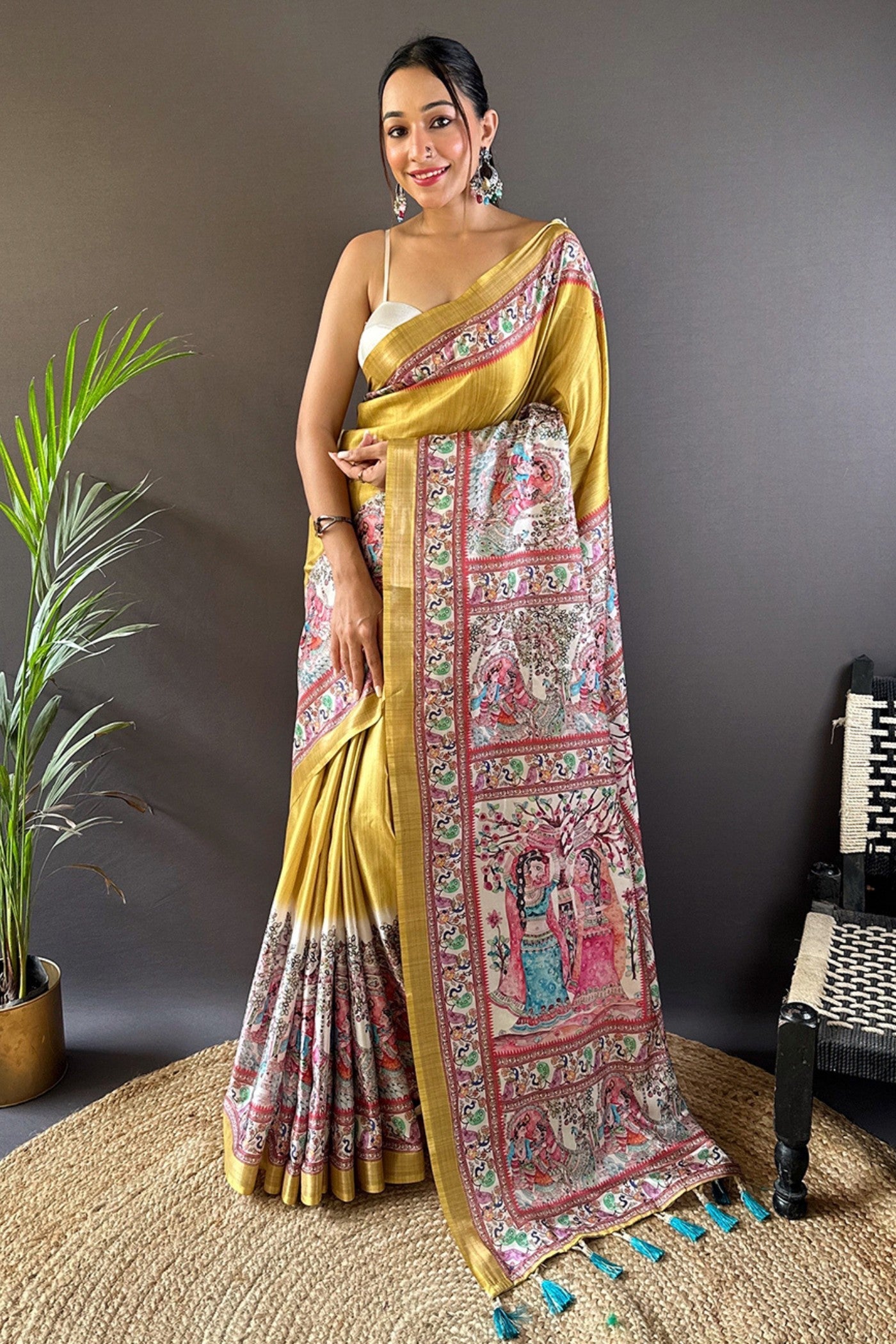 Anzac Yellow Madhubani Printed Tussar Silk Saree