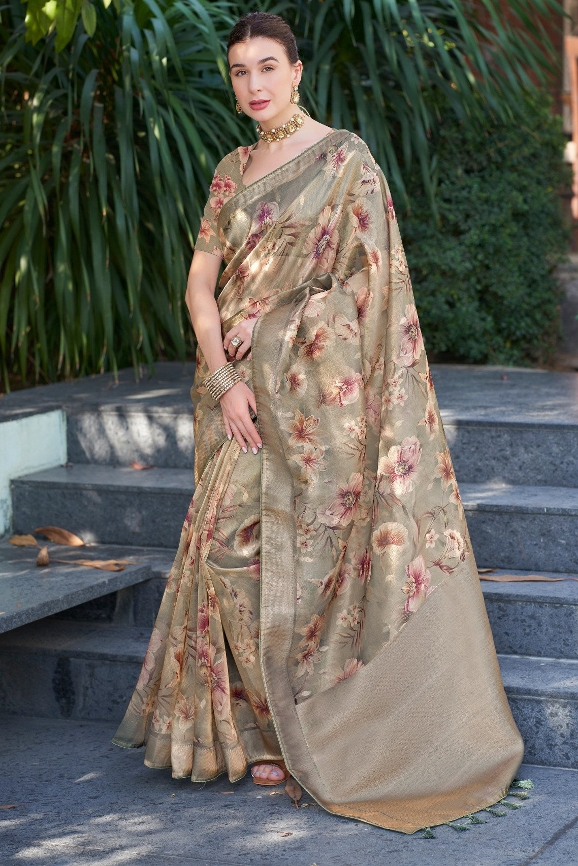 Beaver Brown Digital Printed Organza Saree