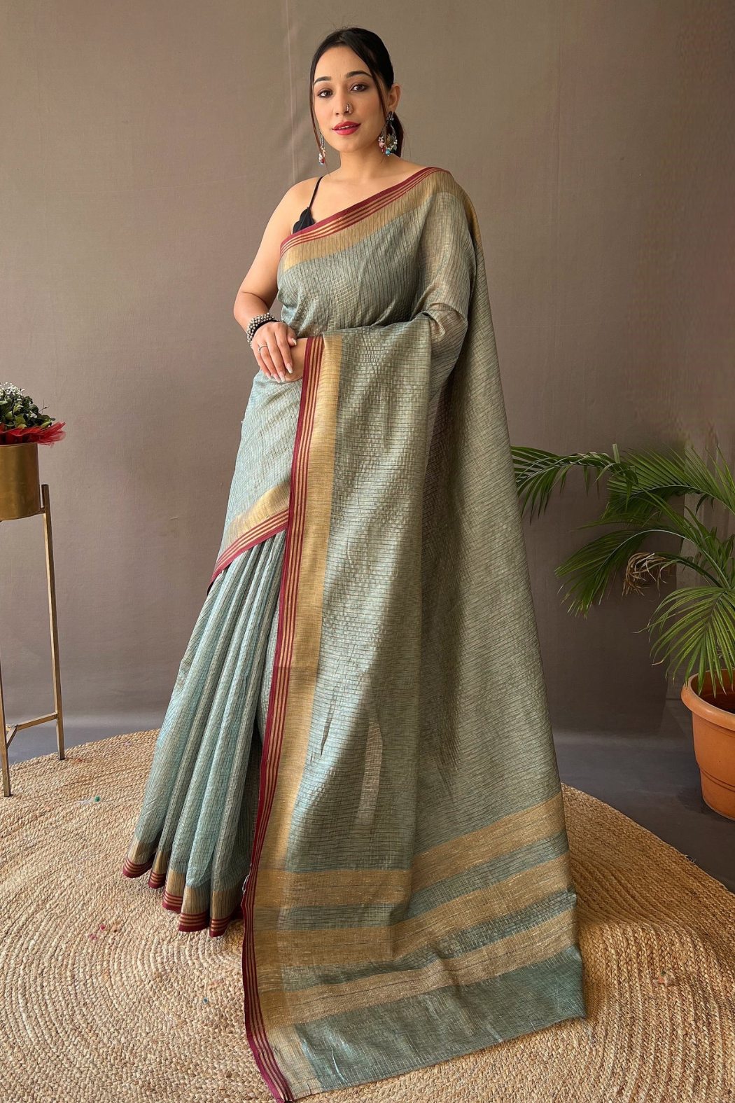 Camouflage Green Organza Woven Saree