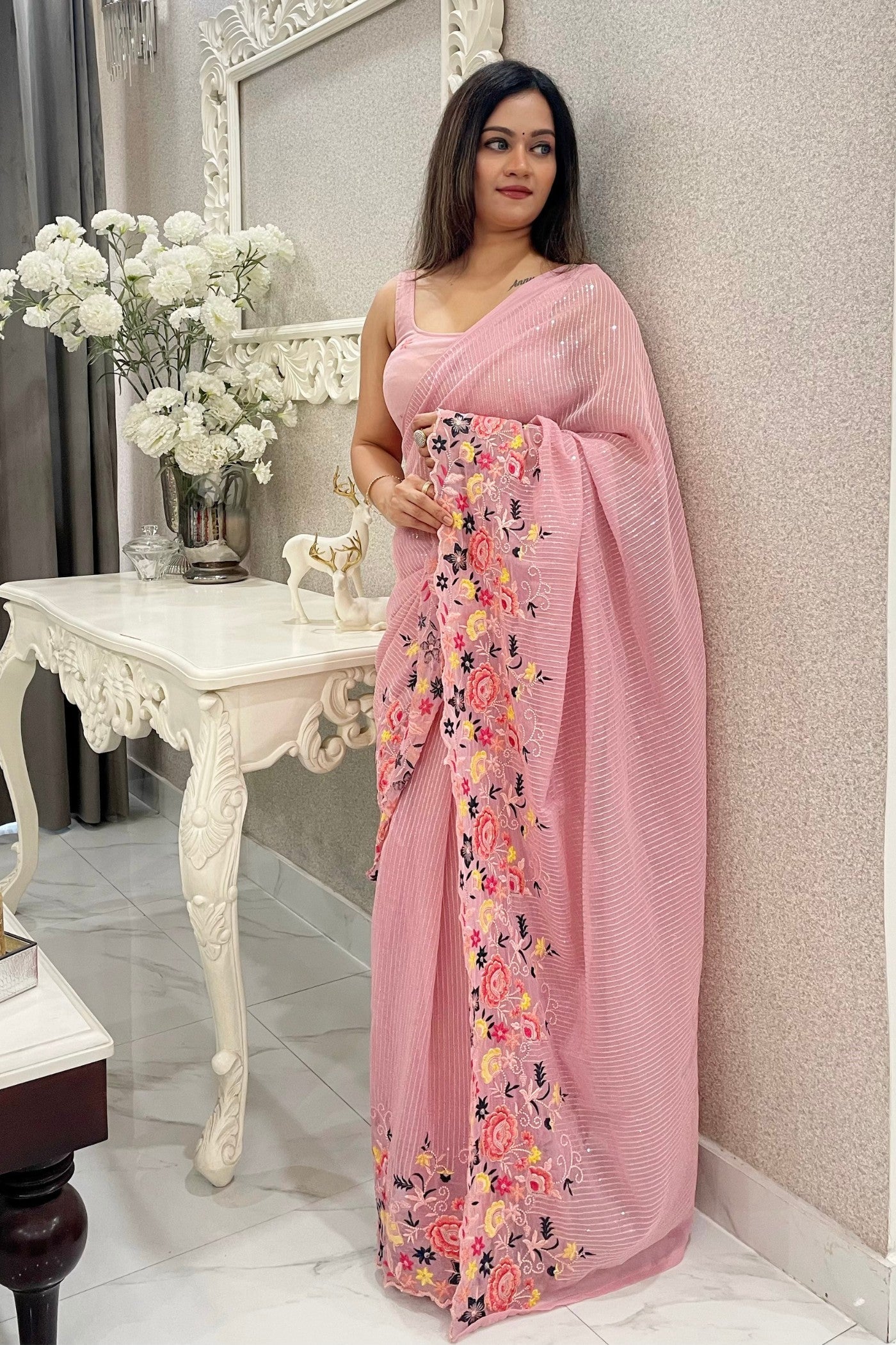 Sweet Pink Embroidered Partywear Saree