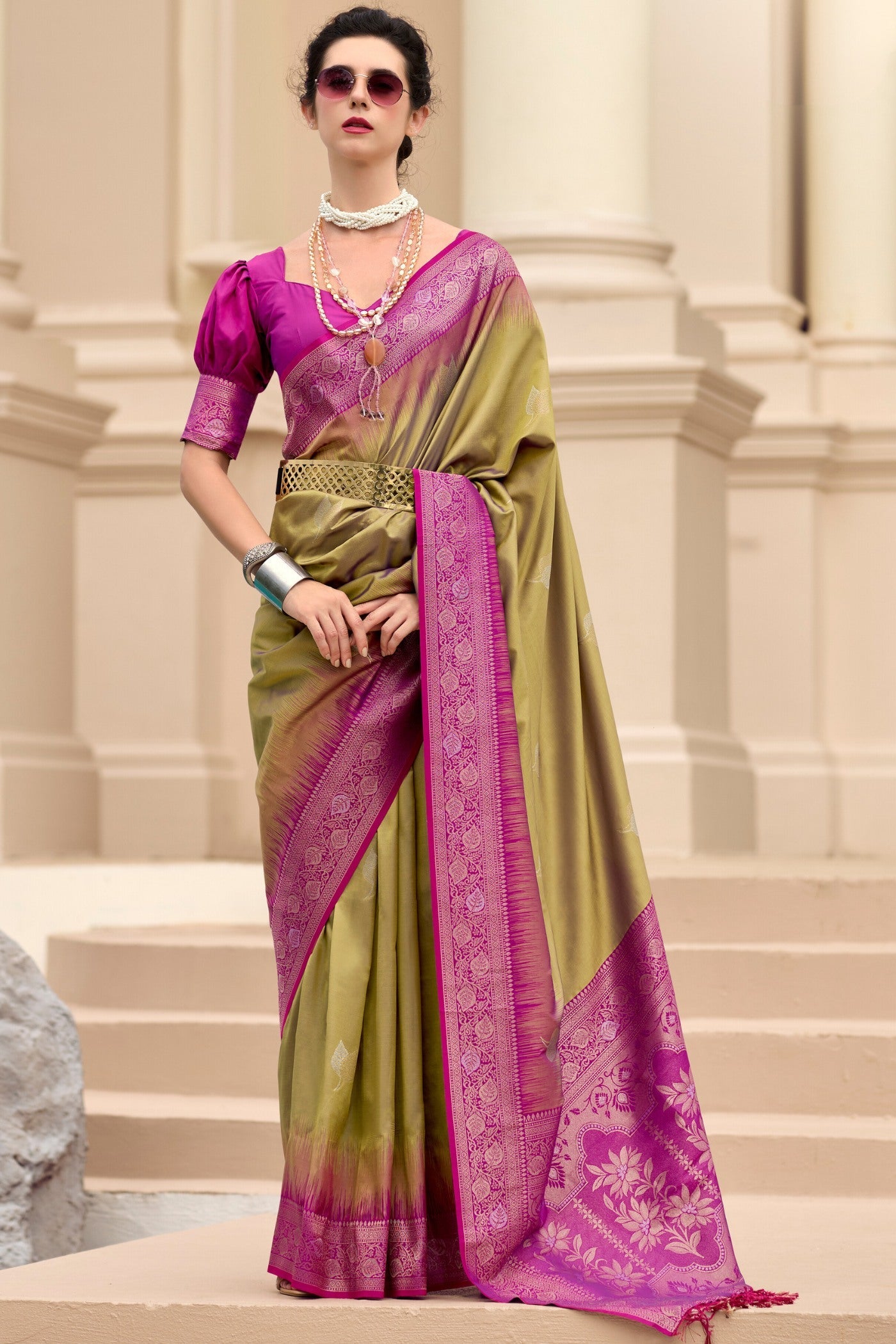 Metallic Green Woven Banarasi Soft Silk Saree