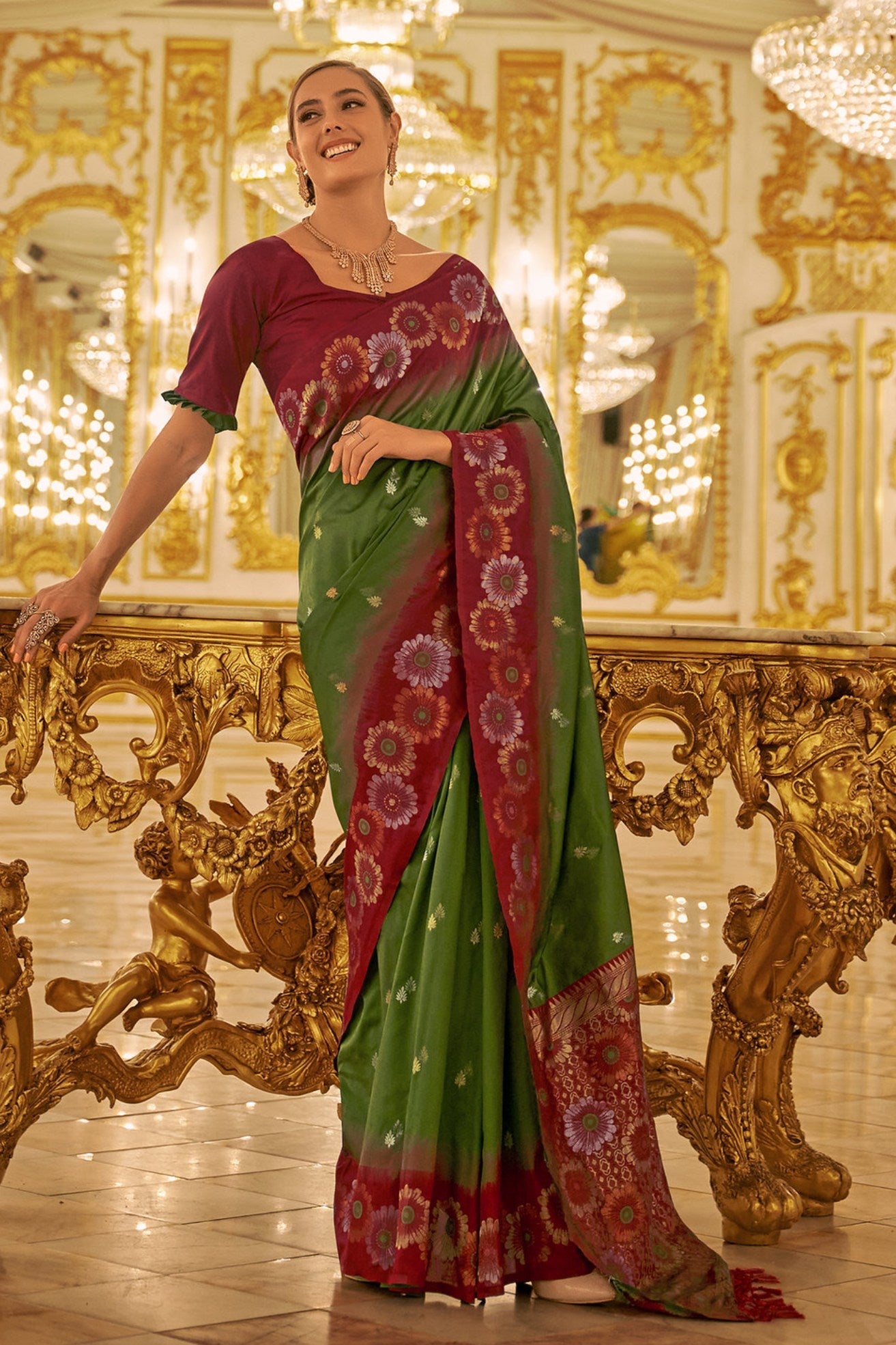 Dark Leaf Green Woven Banarasi Saree