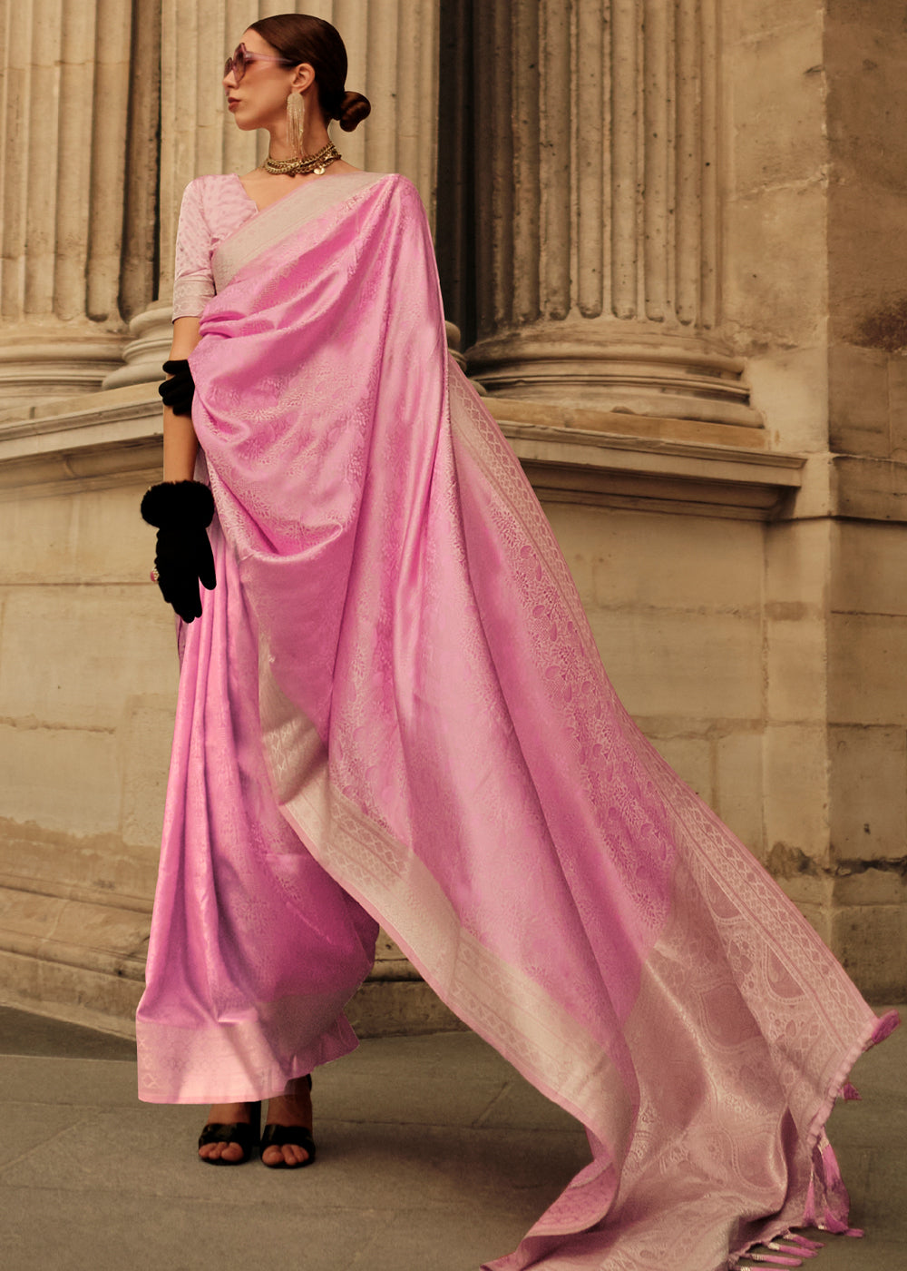 Sea Pink Woven Banarasi Satin Silk Saree