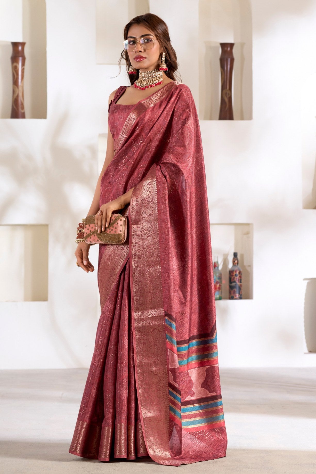 El Salva Maroon Soft Dola Silk Saree