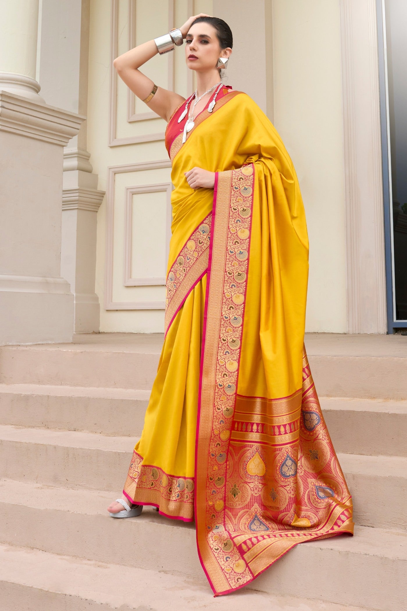 Mango Yellow Woven Banarasi Soft Silk Saree