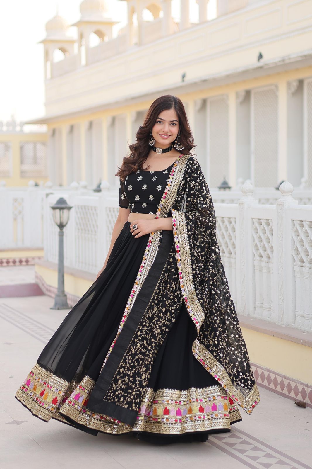 Trending Black Embroidered Fully Flaired Georgette Lehenga With Rich Sequins And Thread Embroidered Work