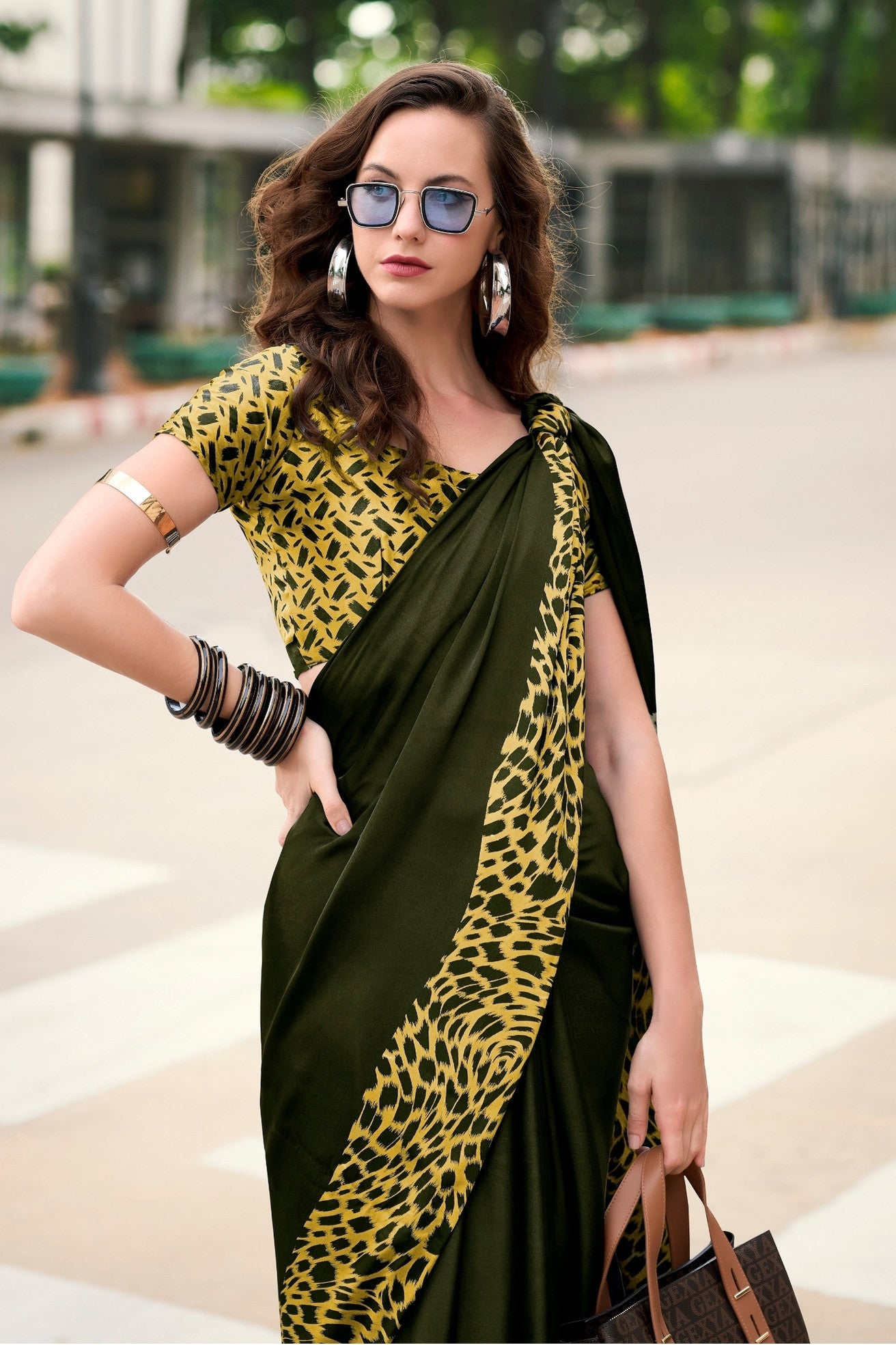 Shark Green Printed Satin Crepe Saree