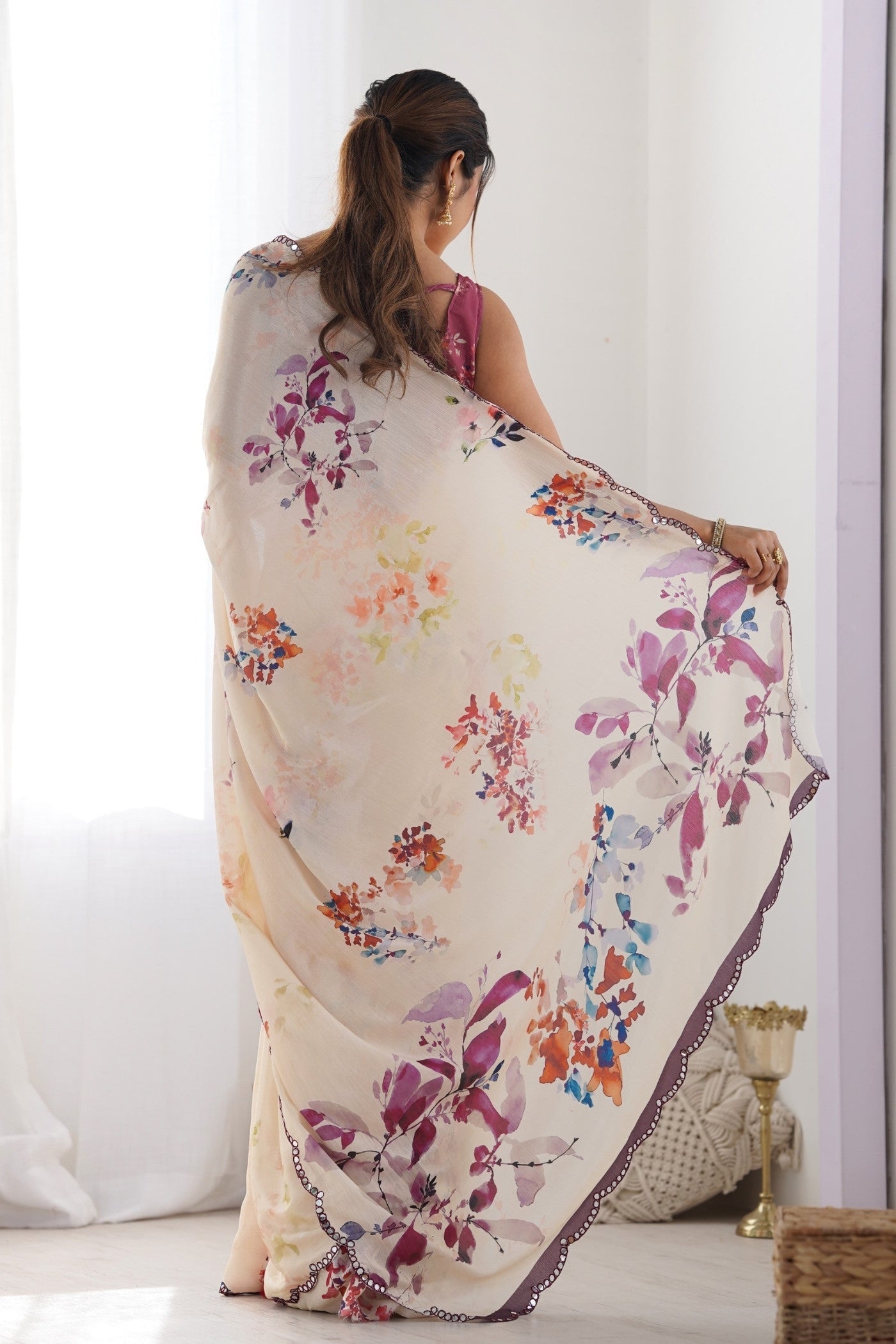 Vanila Cream Digital Printed Chinon Saree