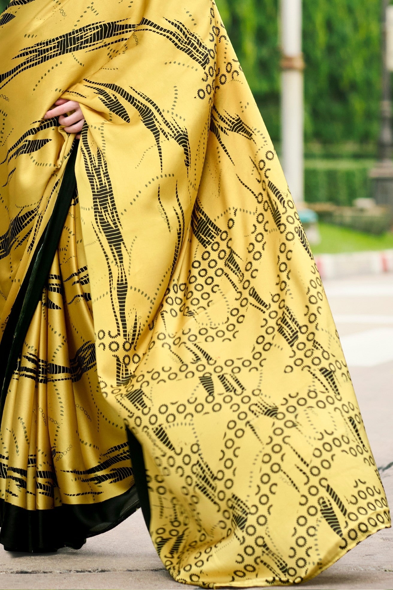 Butter Yellow Printed Satin Crepe Saree