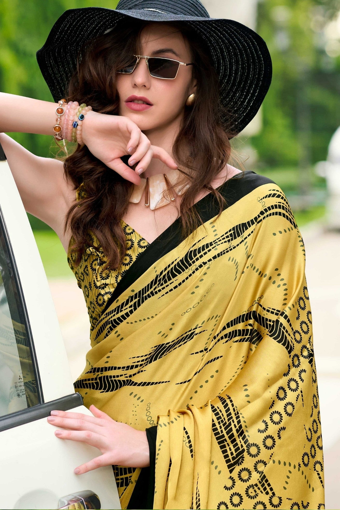 Butter Yellow Printed Satin Crepe Saree