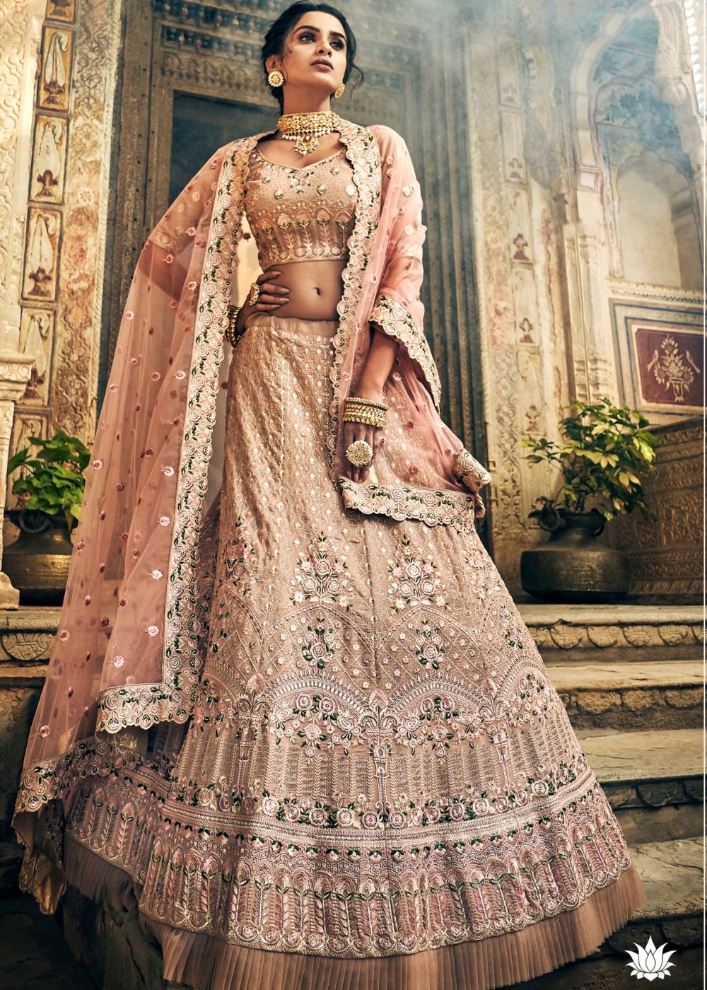 Antique Brass Pink Georgette Lehenga Choli