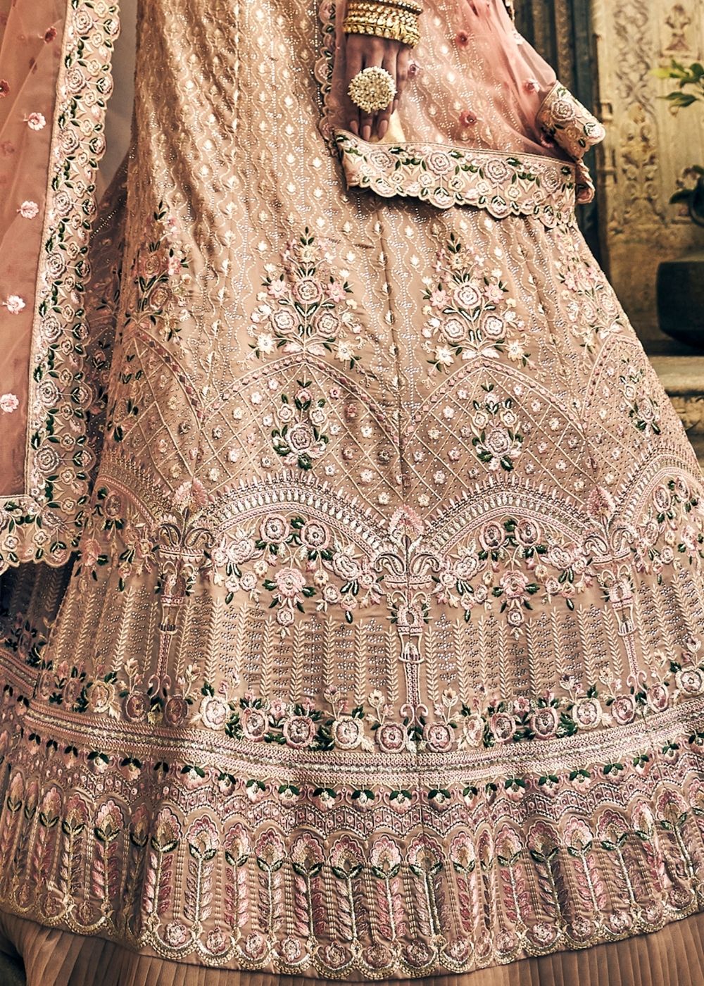 Antique Brass Pink Georgette Lehenga Choli