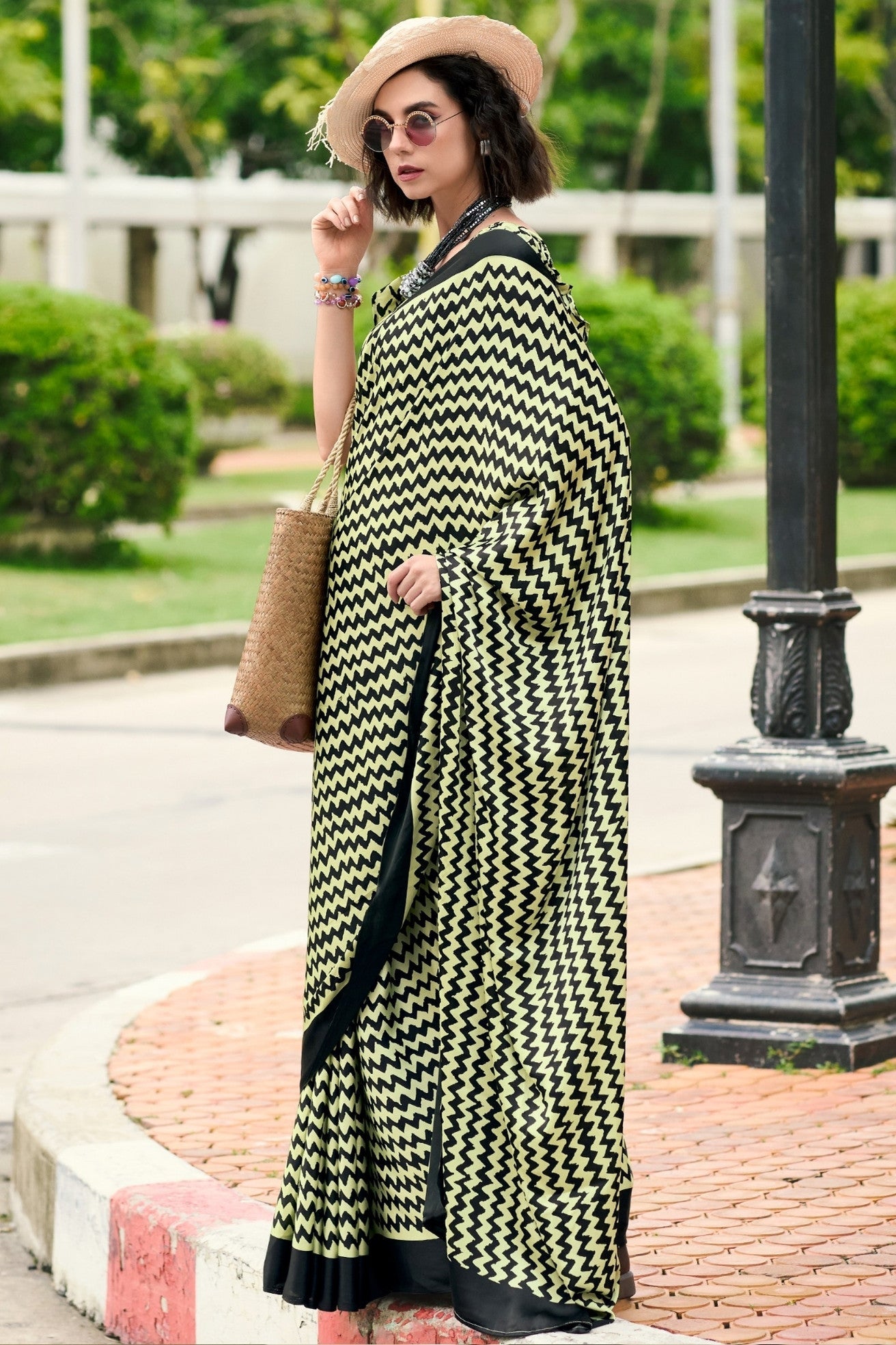 Pickle Green Printed Satin Crepe Saree