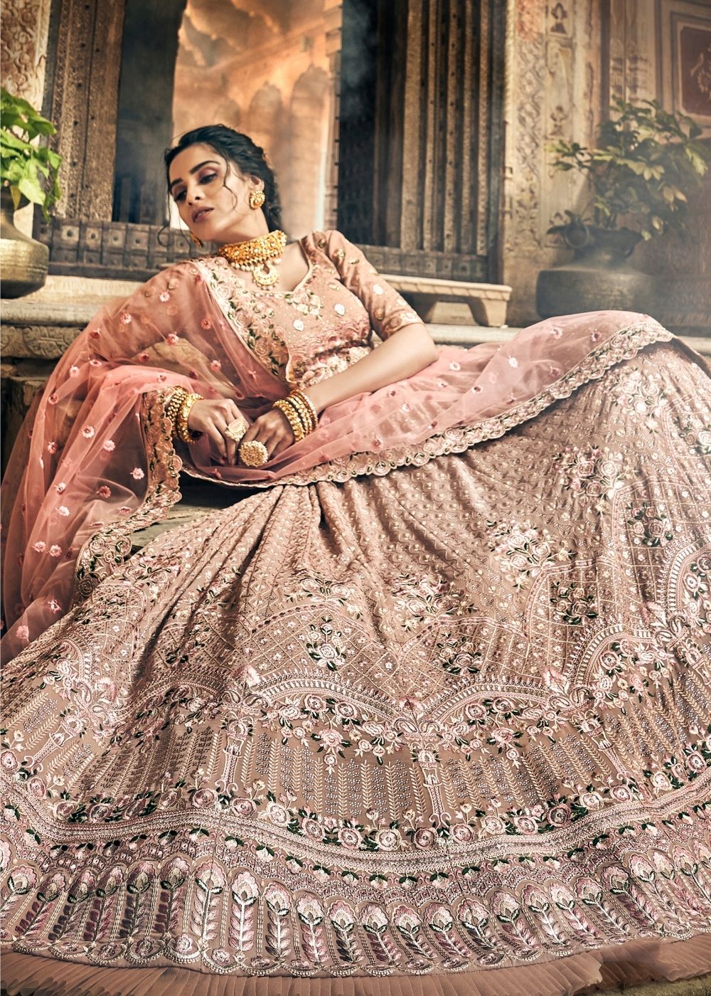 Antique Brass Pink Georgette Lehenga Choli