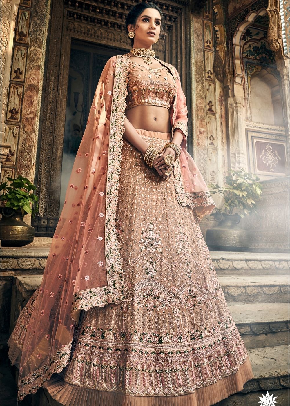 Antique Brass Pink Georgette Lehenga Choli