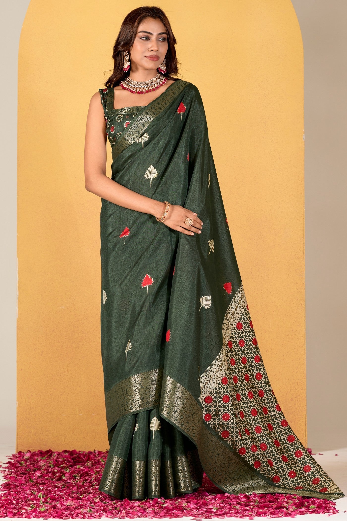 Juniper Green Woven Dola Silk Saree