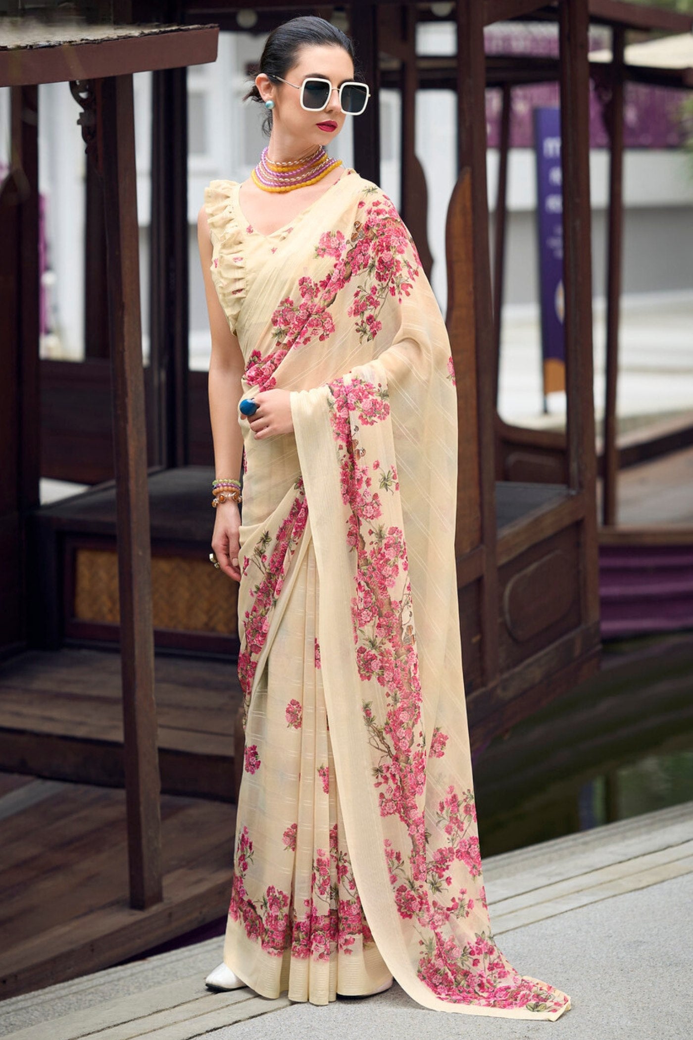 Varden Cream Chiffon Silk Saree