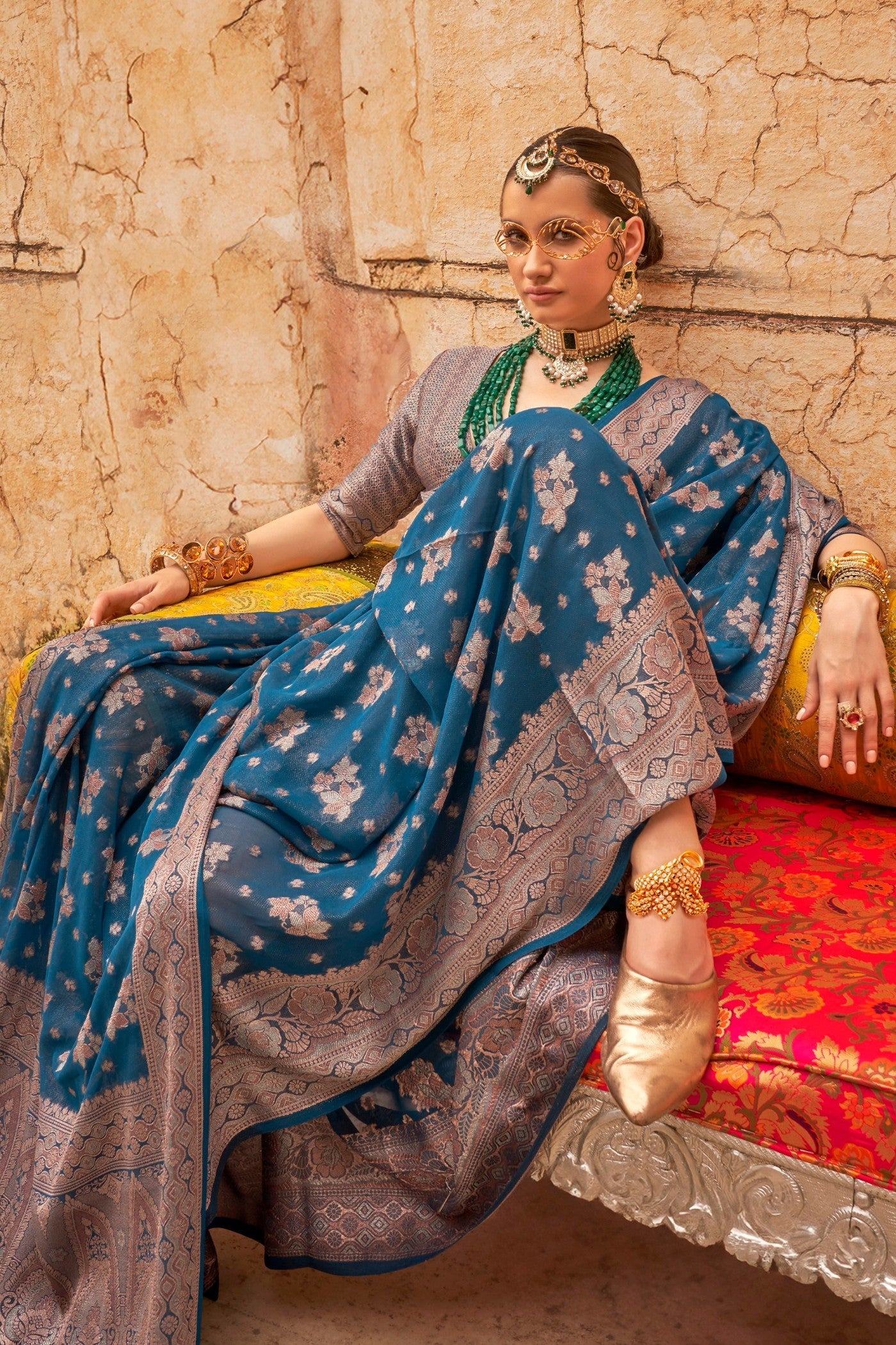 Olympic Blue Zari Woven Georgette Saree