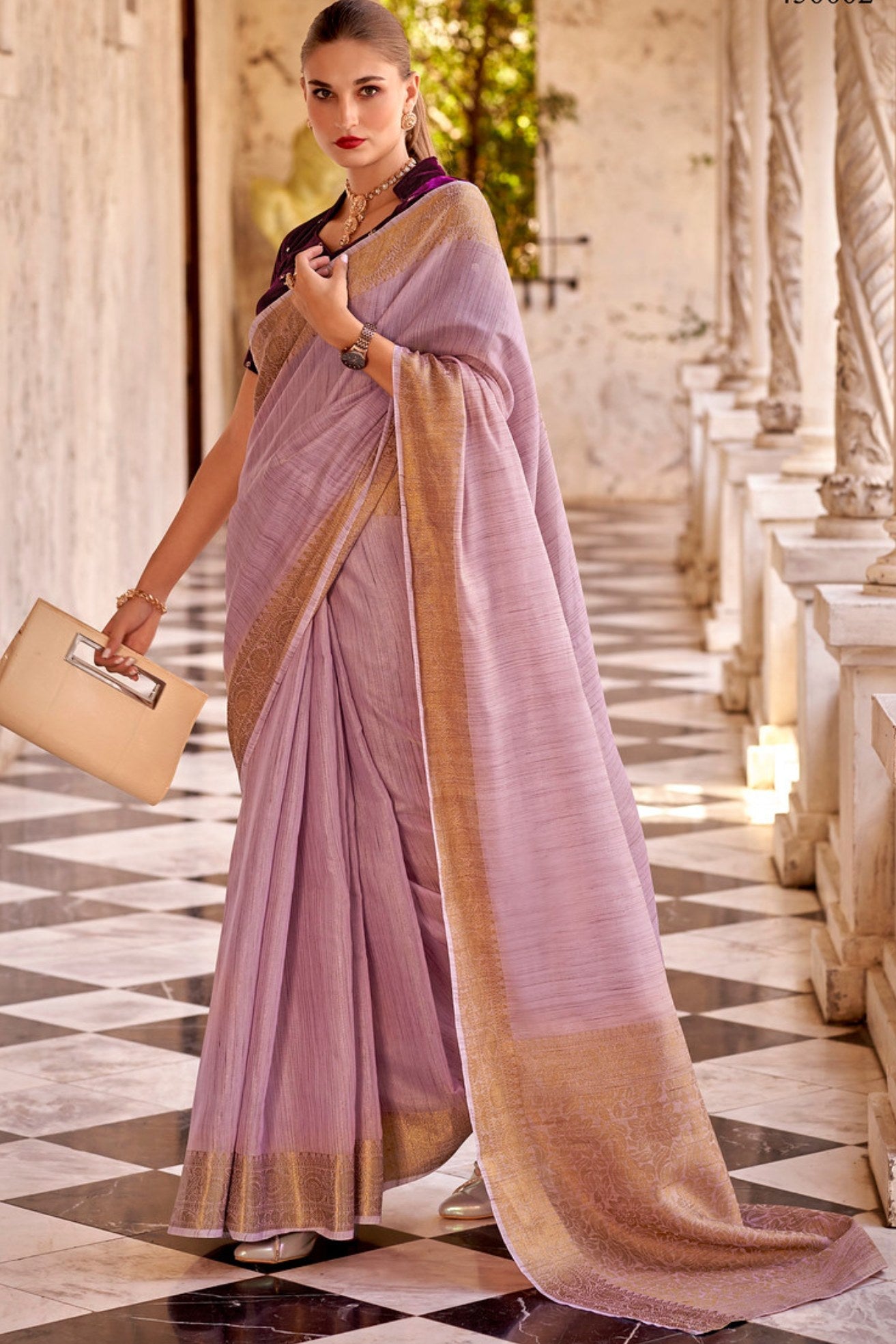 Turkish Rose Purple Zari Woven Linen Saree