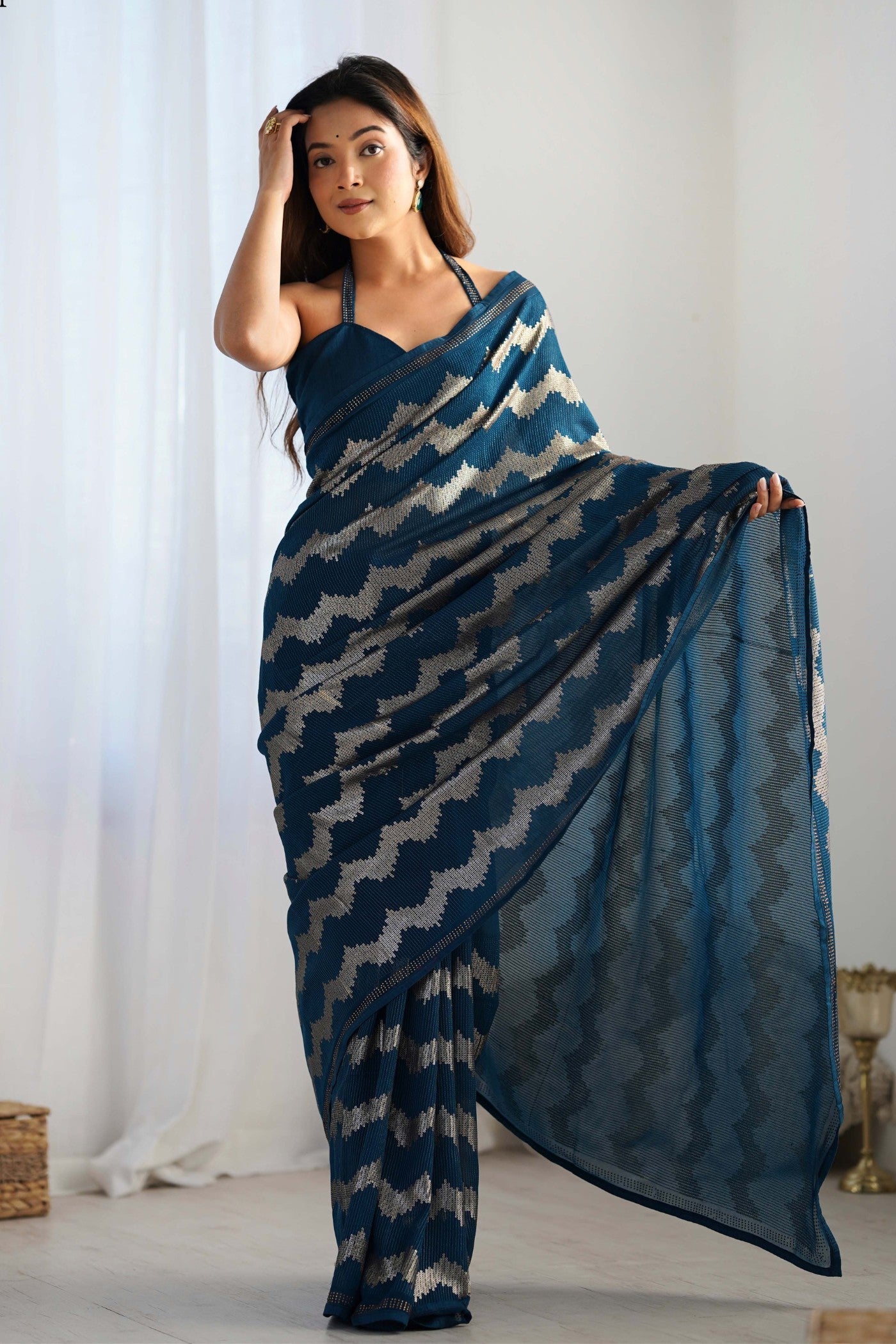 Indigo Blue Embroidered Partywear Saree