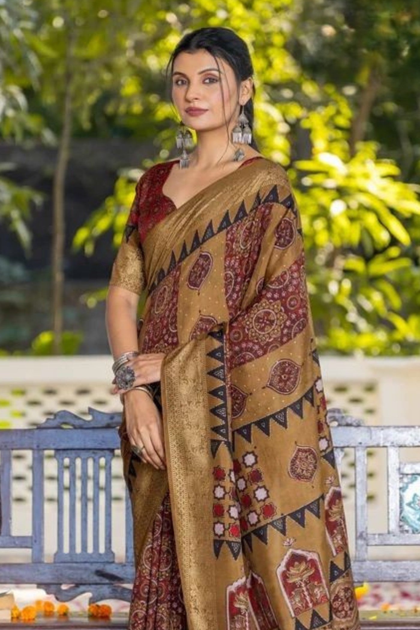 Dusty Brown Ajrakh Digital Printed Satin Saree