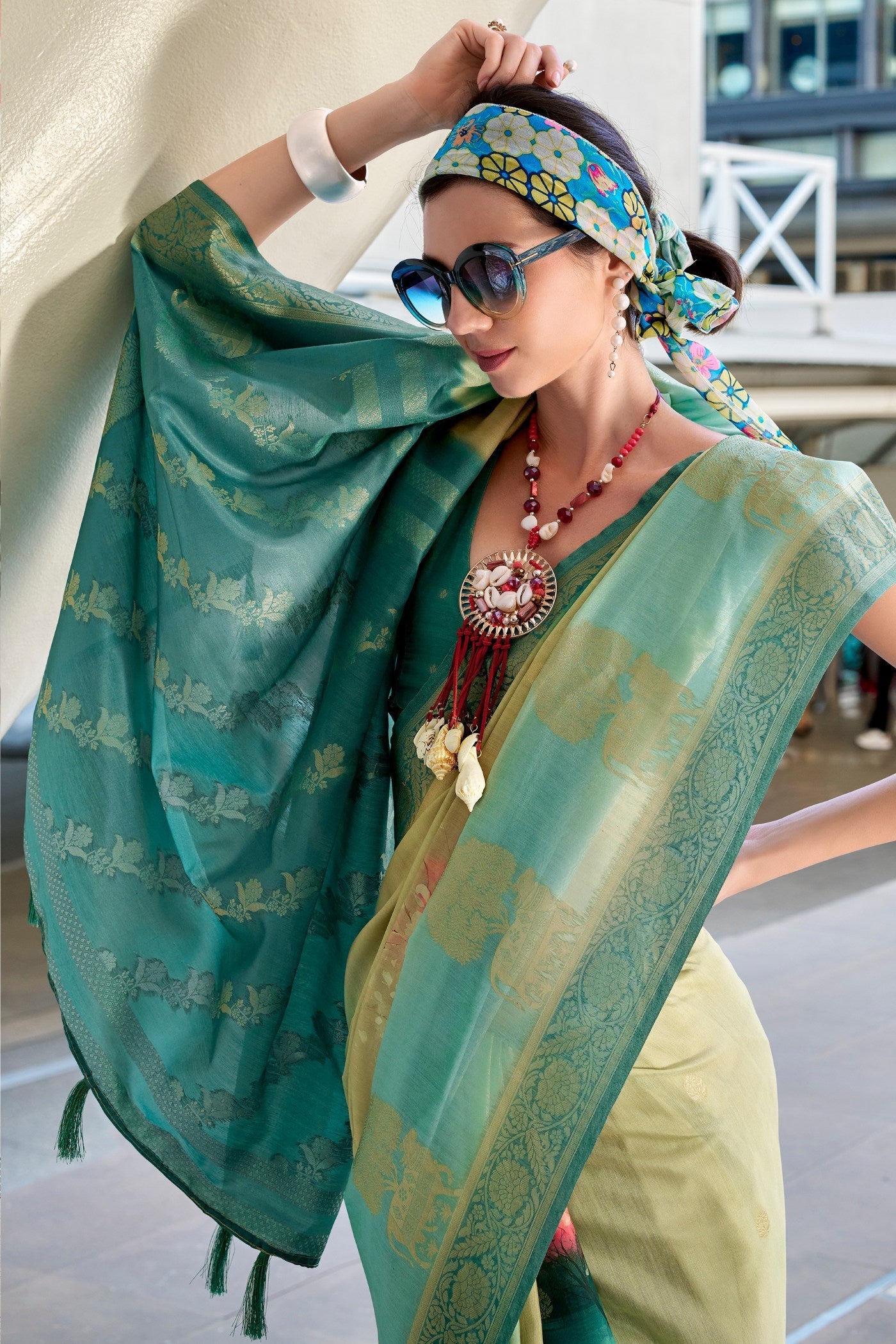 Olive Green Banarasi Handloom Saree